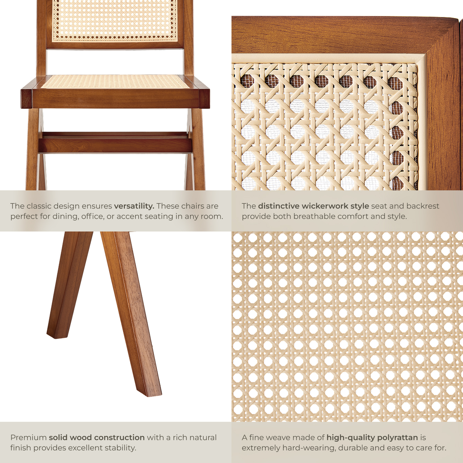 Dining Chair With Rattan Backrest And Solid Wood Frame - Dark Oak 83cm 4