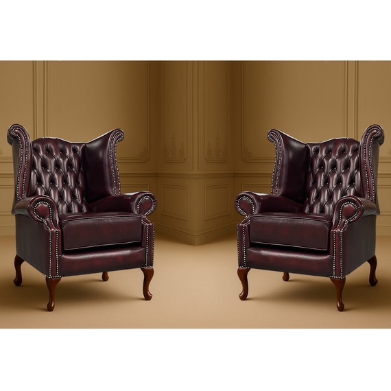 Pair of Chesterfield Scrolled Wingback Leather Arm Chairs