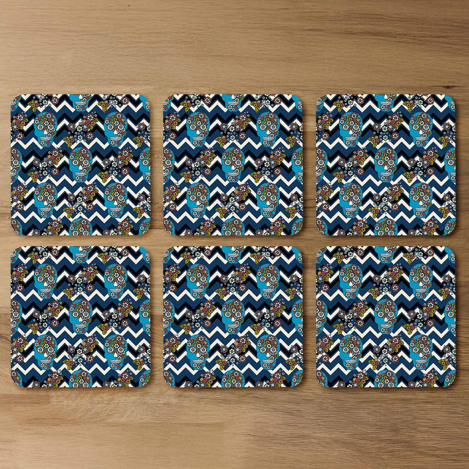 Embroidery Colorful Simplified Ethnic Skull Blue Pattern Coaster - Blue