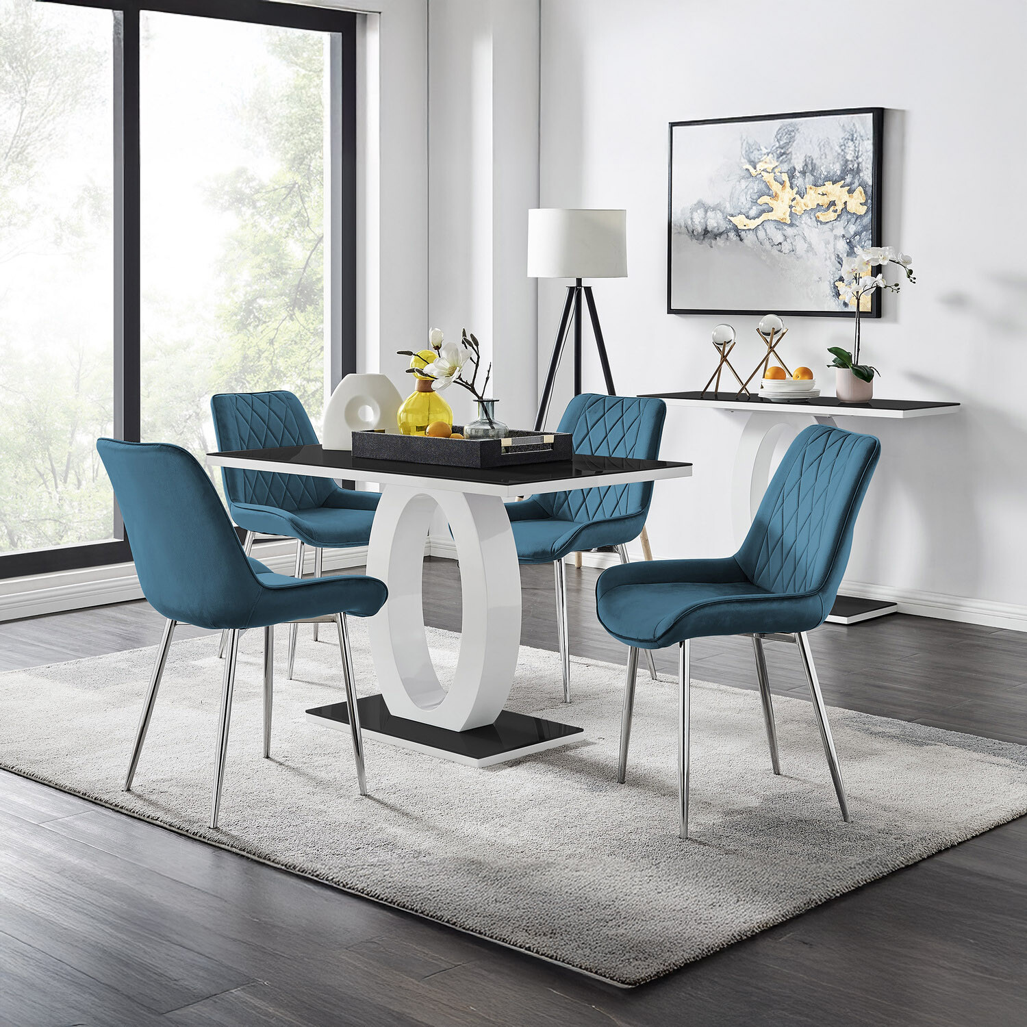 Giovani Black Dining Table With Four Pesaro Silver Leg Chairs - Blue