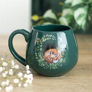 Green Sleeping Fox Ceramic Mug Forest Nature Gift