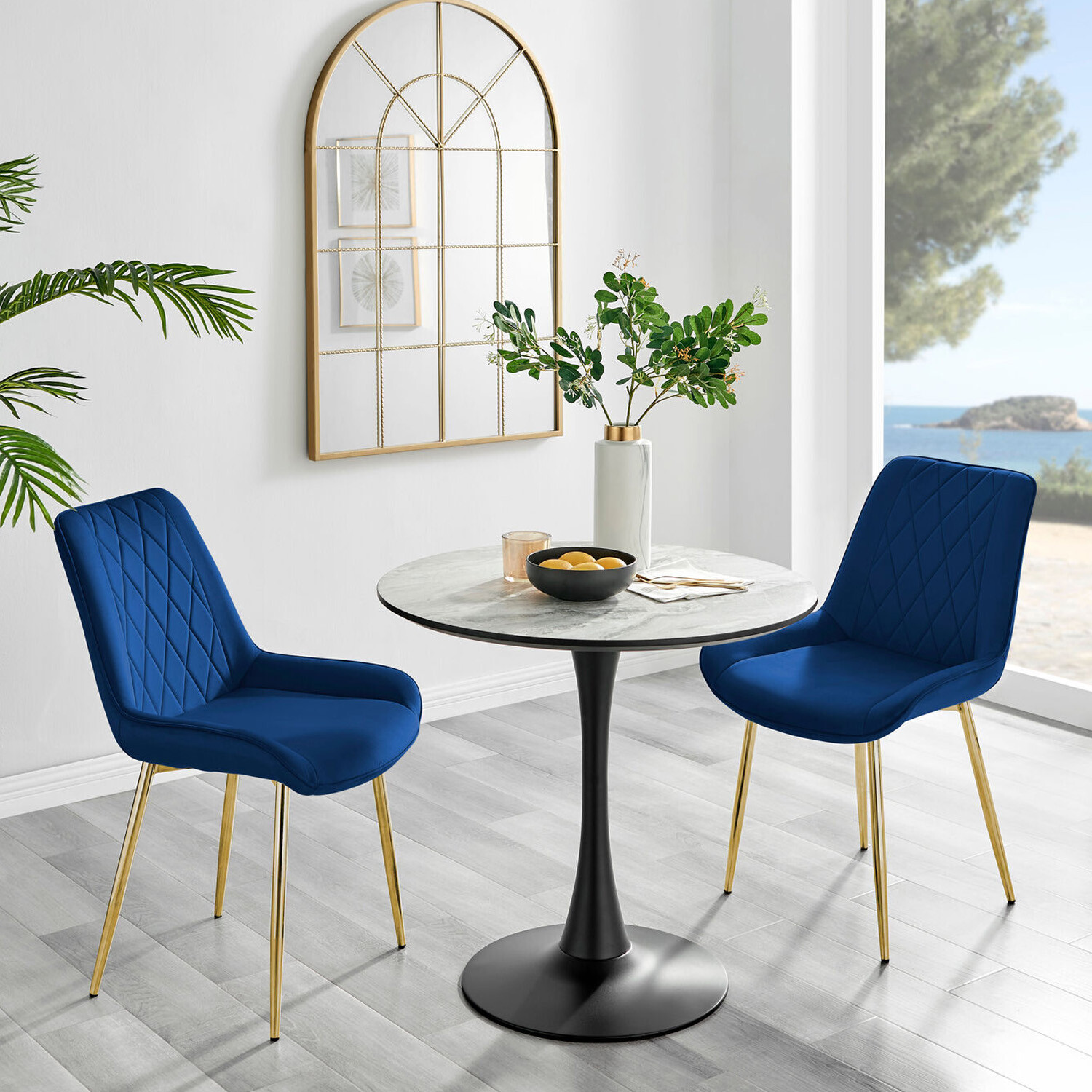Furnitureboxuk Elina White Marble Effect Round Dining Table And 2 Pesaro Gold Leg Chairs - Navy