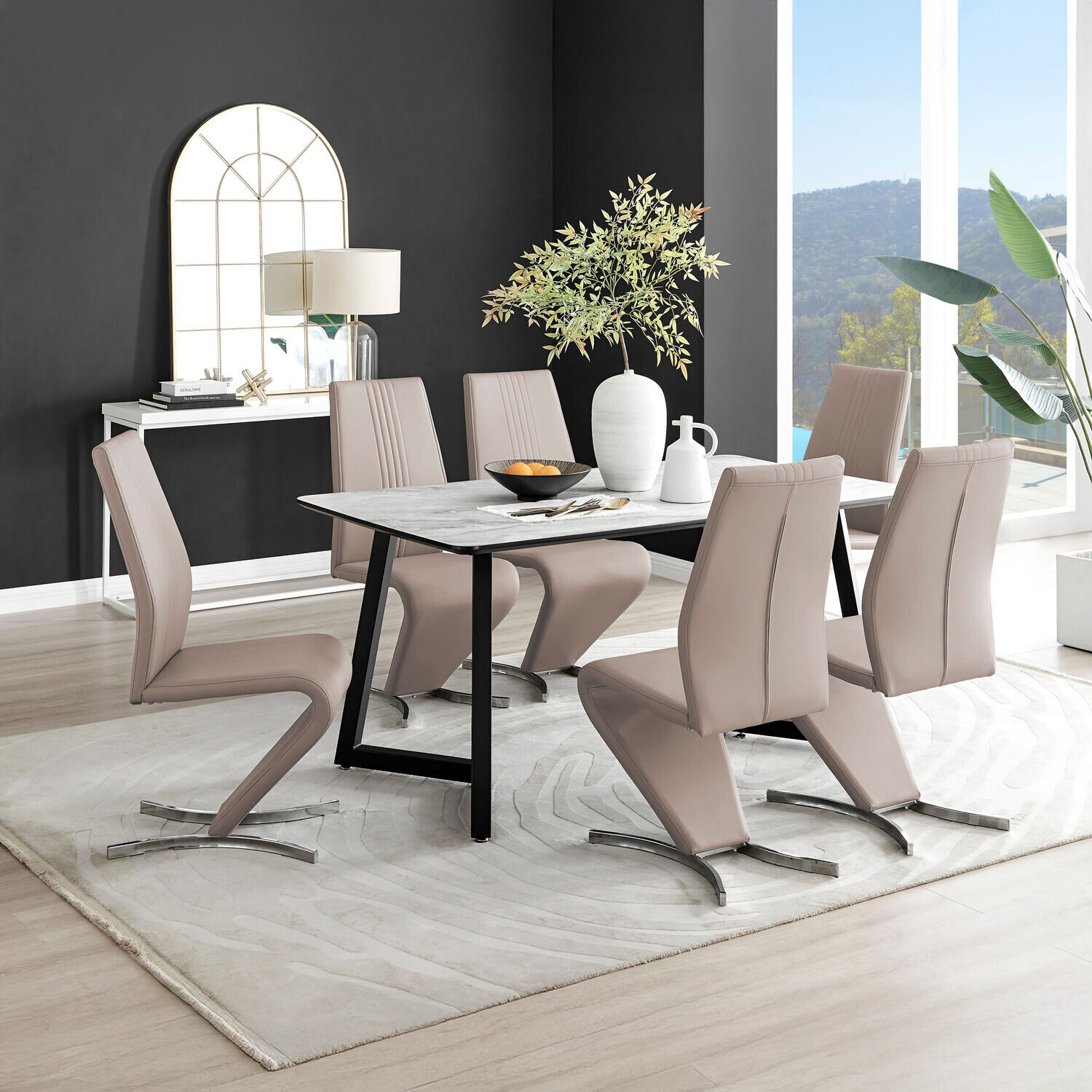 Furnitureboxuk Carson White Marble Effect Dining Table And 6 Willow Chairs - Cappuccino