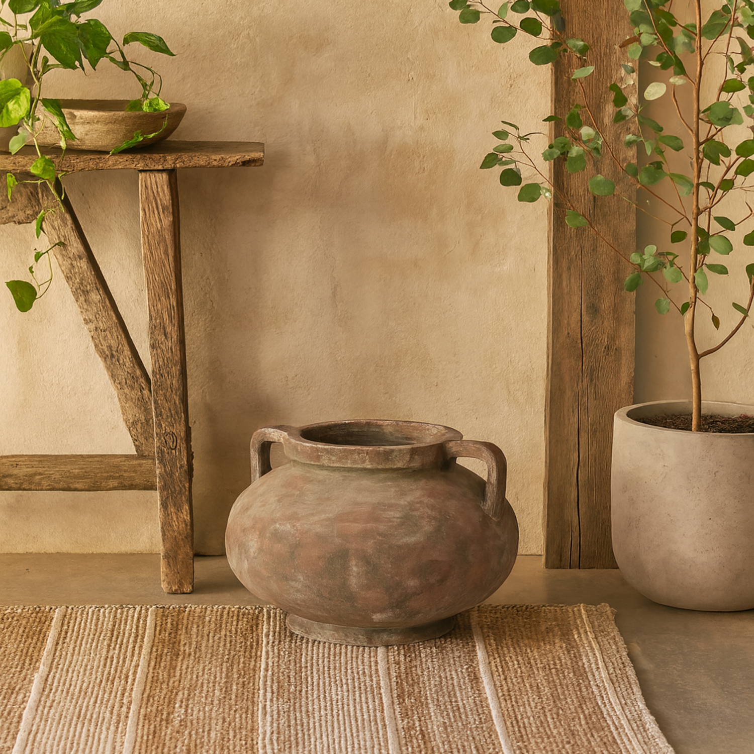 Meadowhaze Large Stoneware Pelike Vase Soft Double Handles - Brown