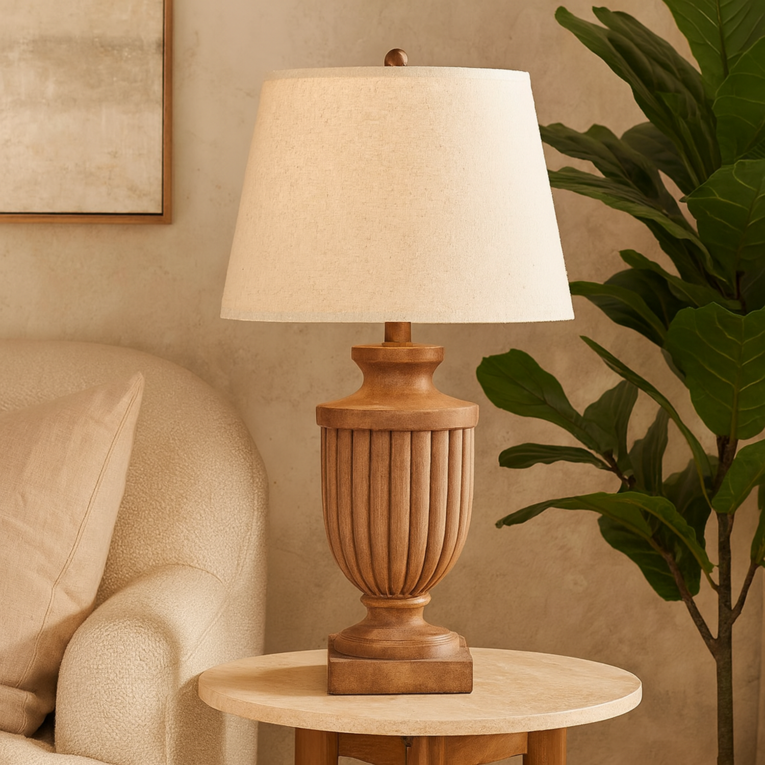 Wyld Haus Auberville Fluted Resin Table Lamp With Tapered Linen Shade - Brown