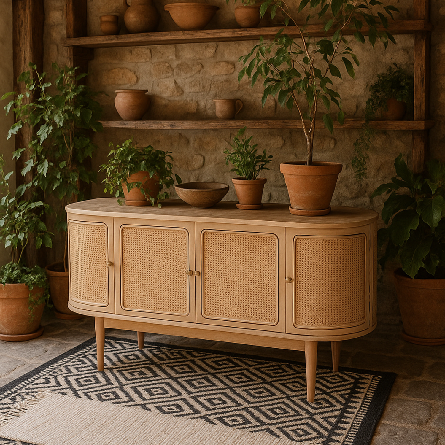 Chicago Cane Rattan Mango Wood 4 Door Sideboard - Brown