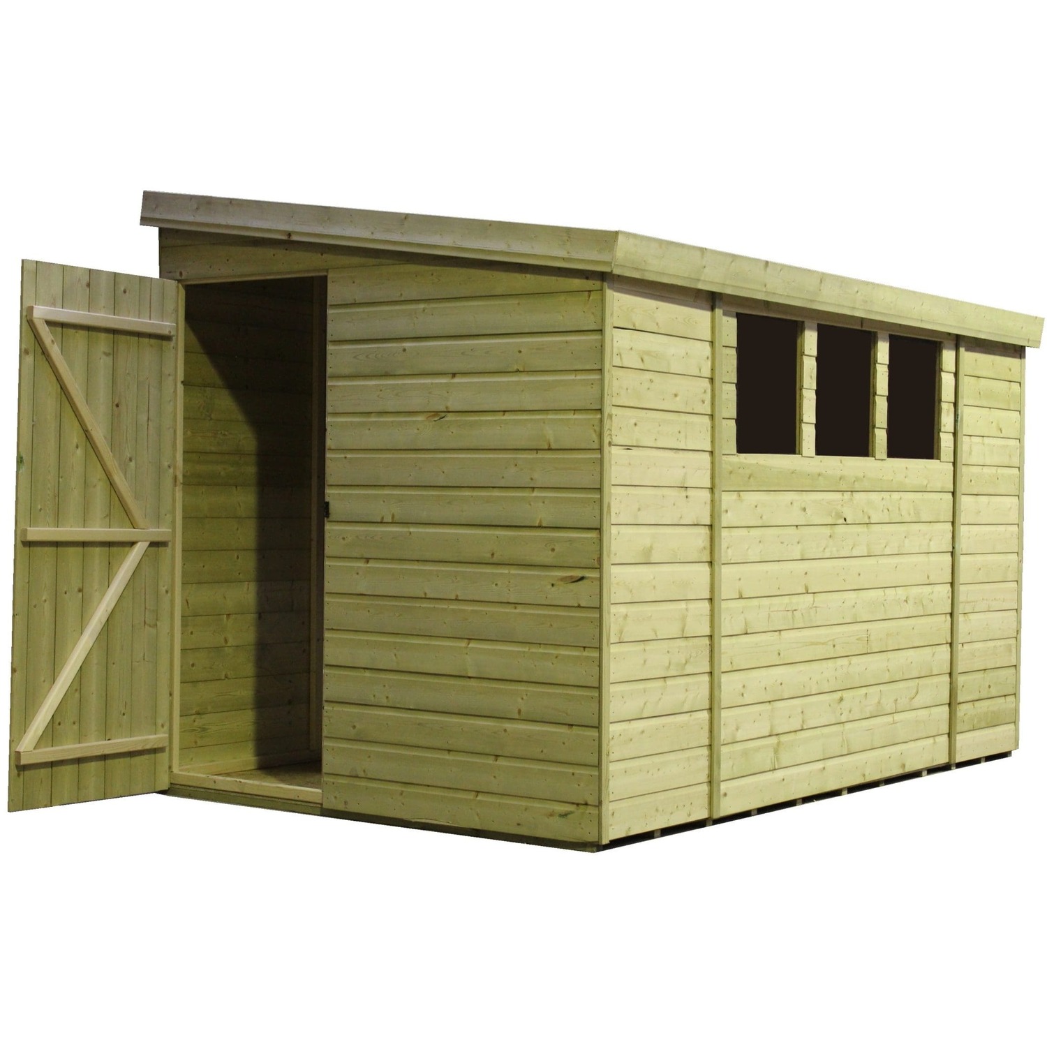 Empire 3000 9x4 Pent Garden Shed with a Single Door on Left Side Panel & 3 Windows - Green