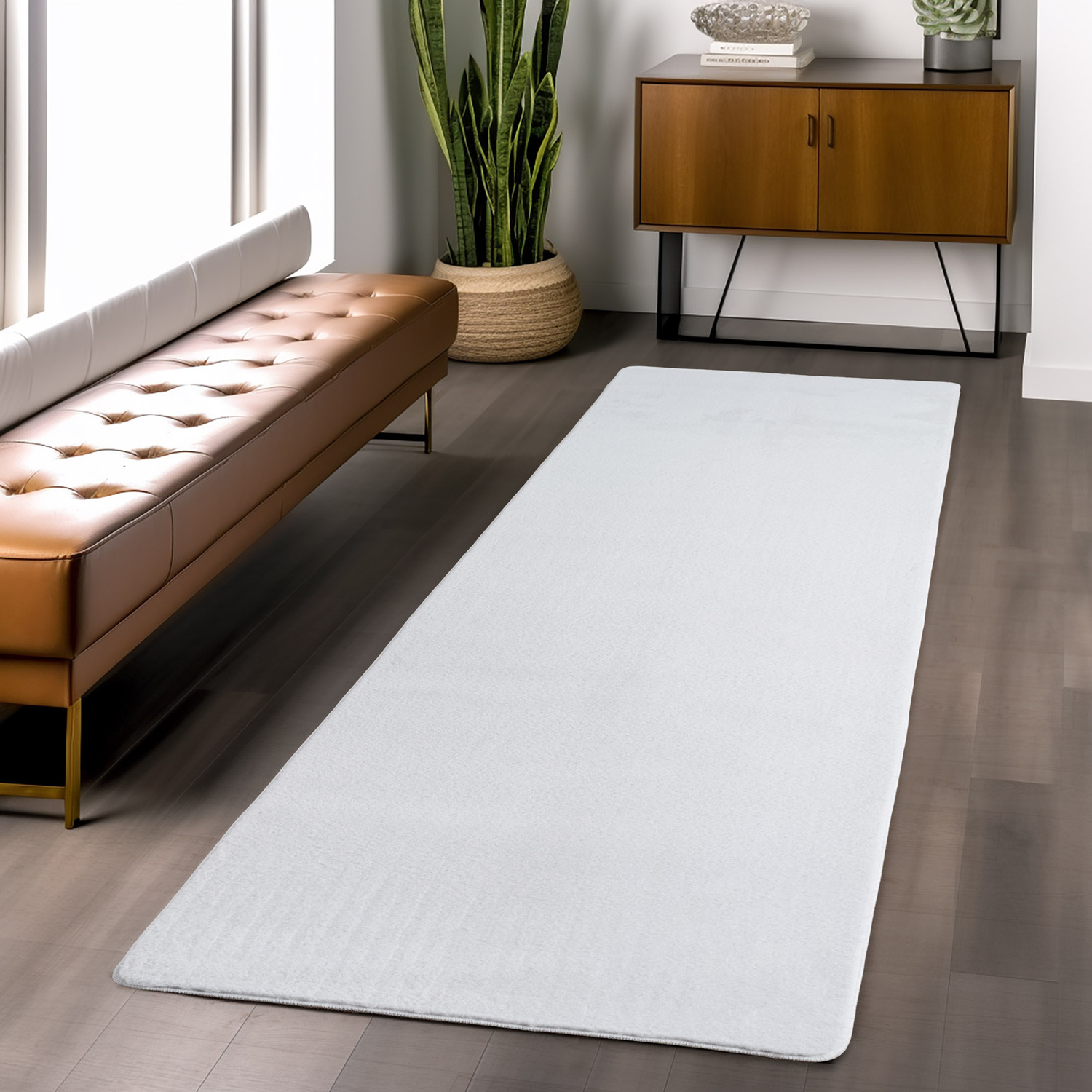 Snuggly Washable Low Pile Living Room Area Rug - Anti-Slip Felt Backing - Snow White / 200cm / 60cm