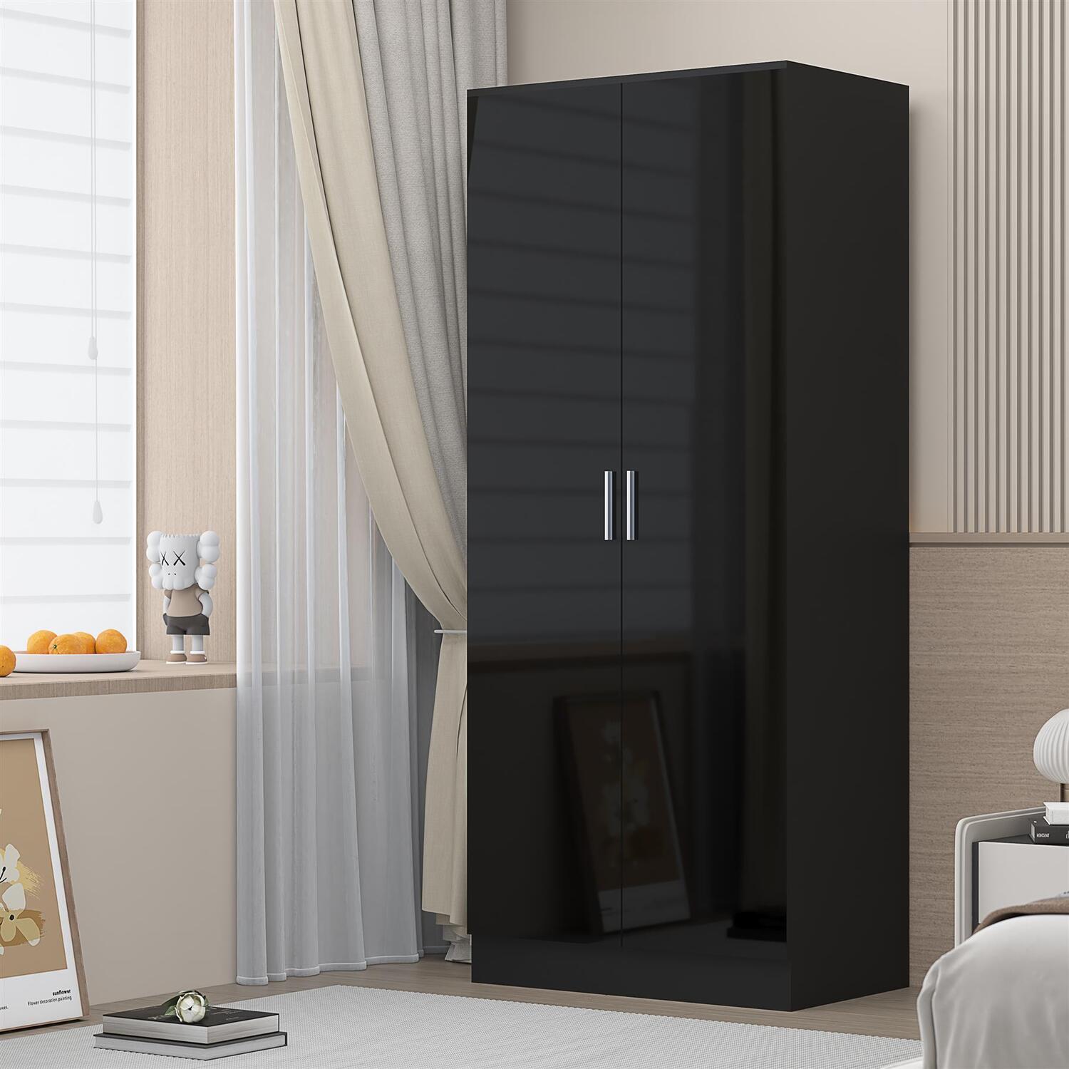 Reflect Wardrobe 2 Door Plain - Black High Gloss Front / Black Oak Matt Finish - Black Gloss / Matt Black