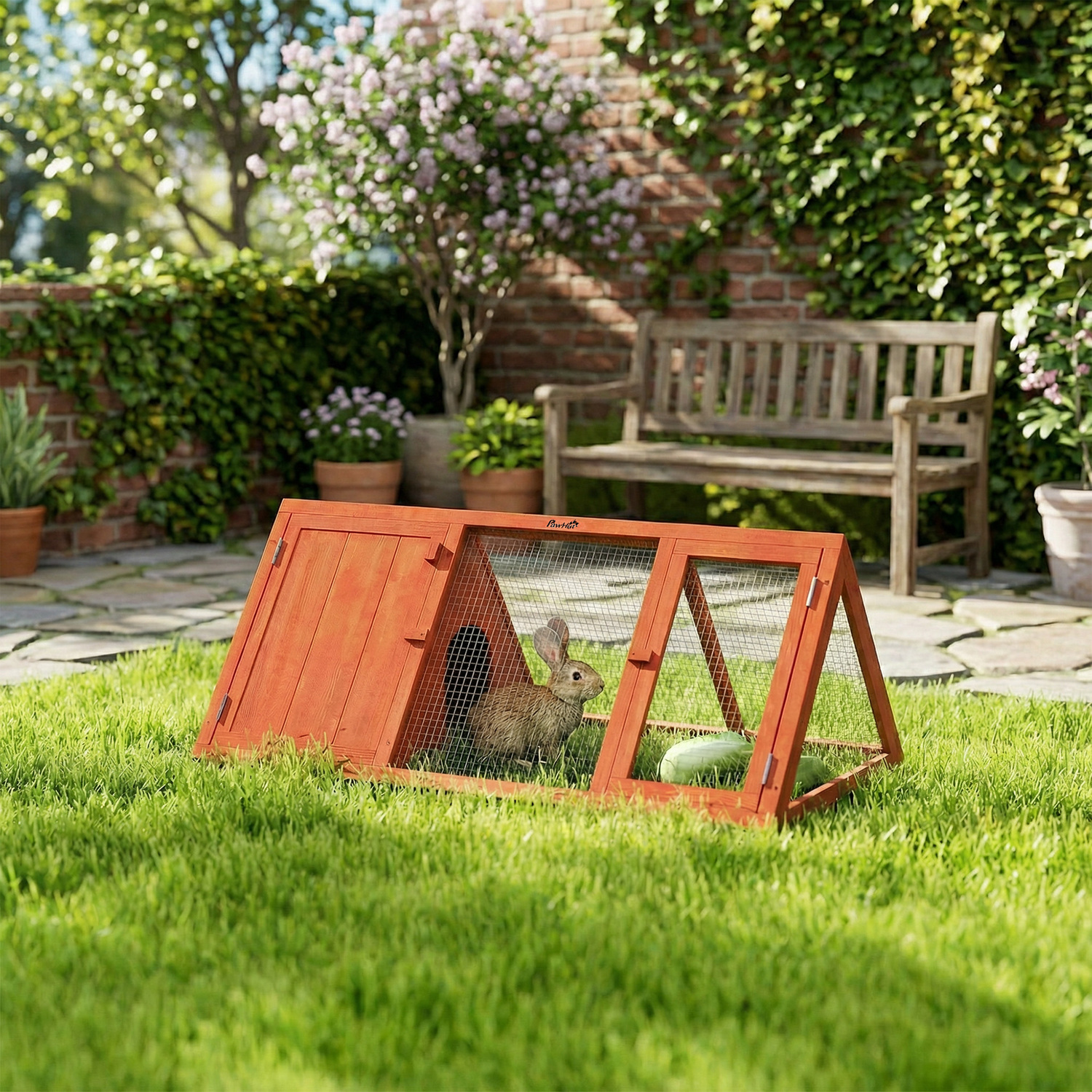 Pawhut (Orange) Rabbit Hutch, Wooden Guinea Pig Hutch With Run And Doors - Image 3