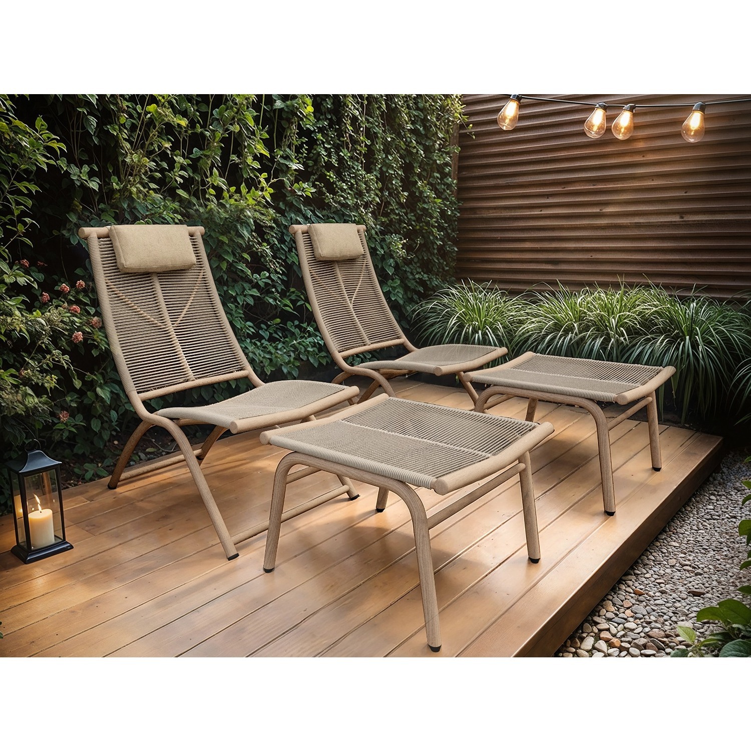 Solace+Co Esen Garden Lounge Chair With Footstool Beige Set - Beige