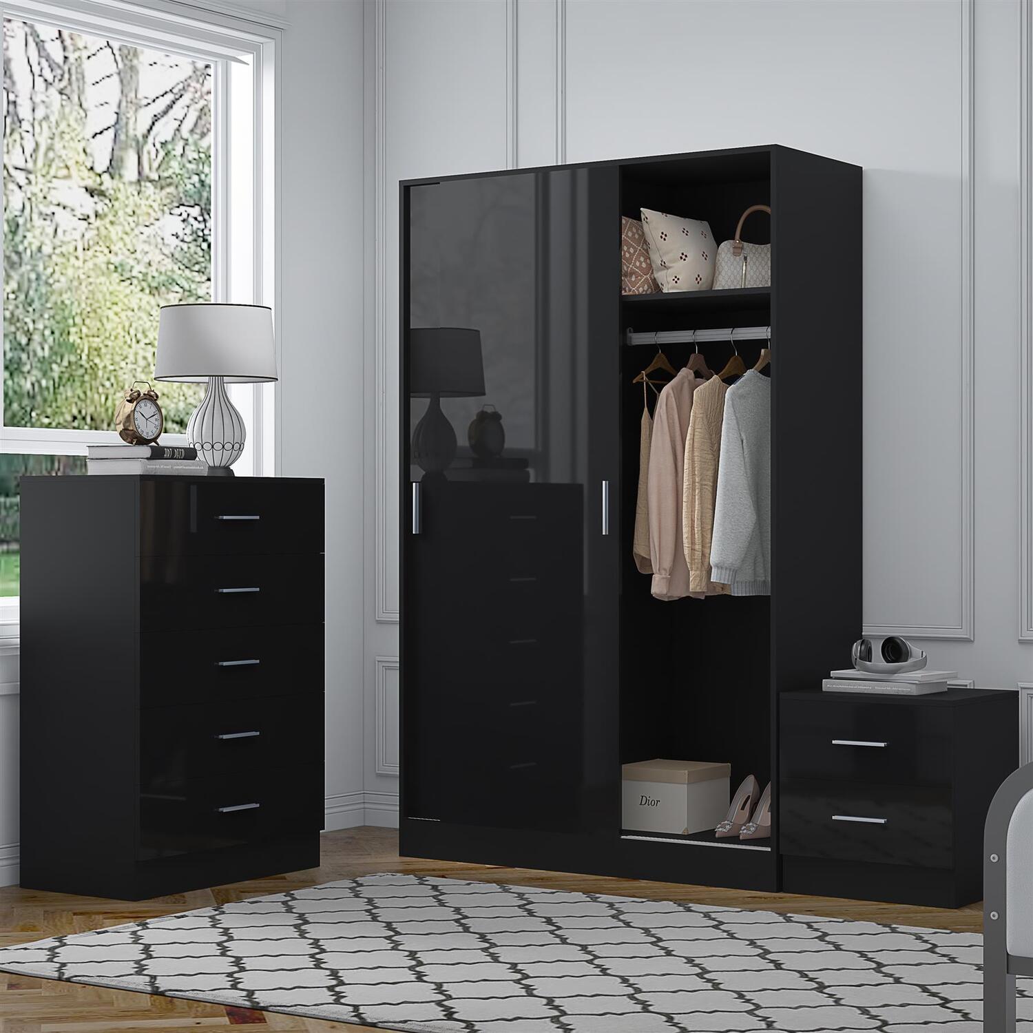 Reflect Bundle - Sliding Wardrobe + Tall Chest + Bedside - Black/Black - Black Gloss / Matt Black