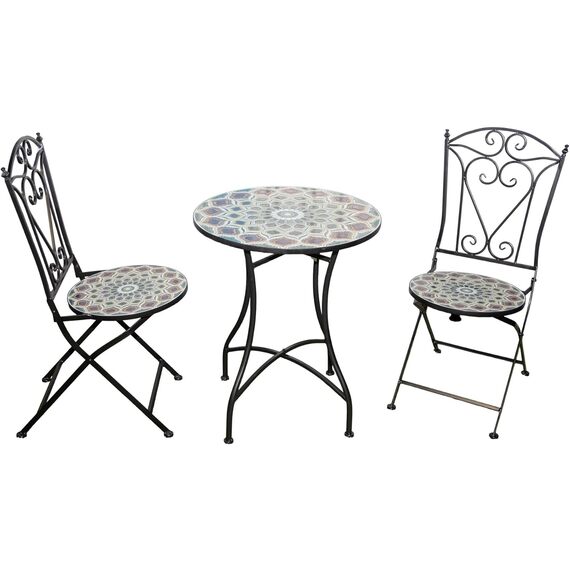 Round Table Mosaic Bistro Set with 2 Folding Chairs