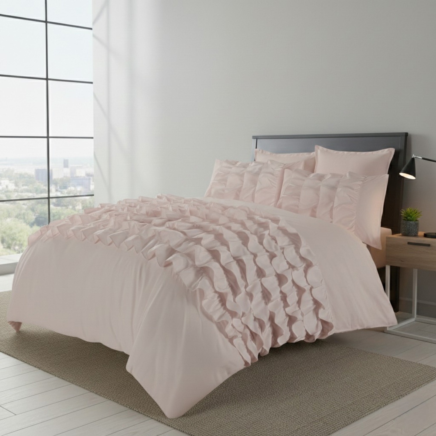 Snug City Ruffle Border Duvet Cover Soft Elegant Bedding Set with Pillowcases in Pink | Size: Super King