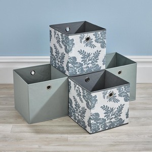 Grey Floral / Canvas Home Source Pack of 4 Cube Canvas Fabric Storage Insert Boxes shot 17033479