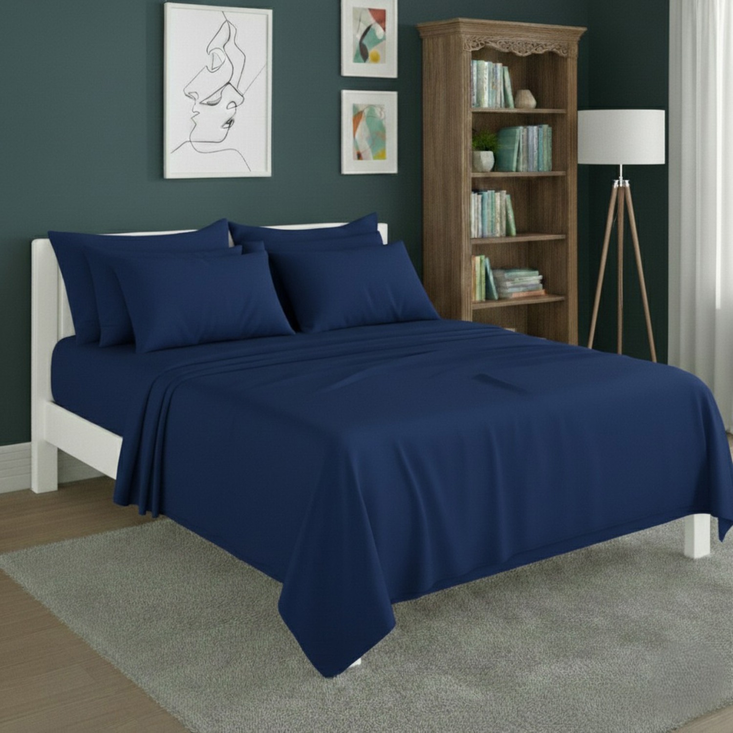 Snug City Plain Poly Cotton Easy Care Fitted Flat Sheet Matching Pillowcases Set in Blue | Size: Super King