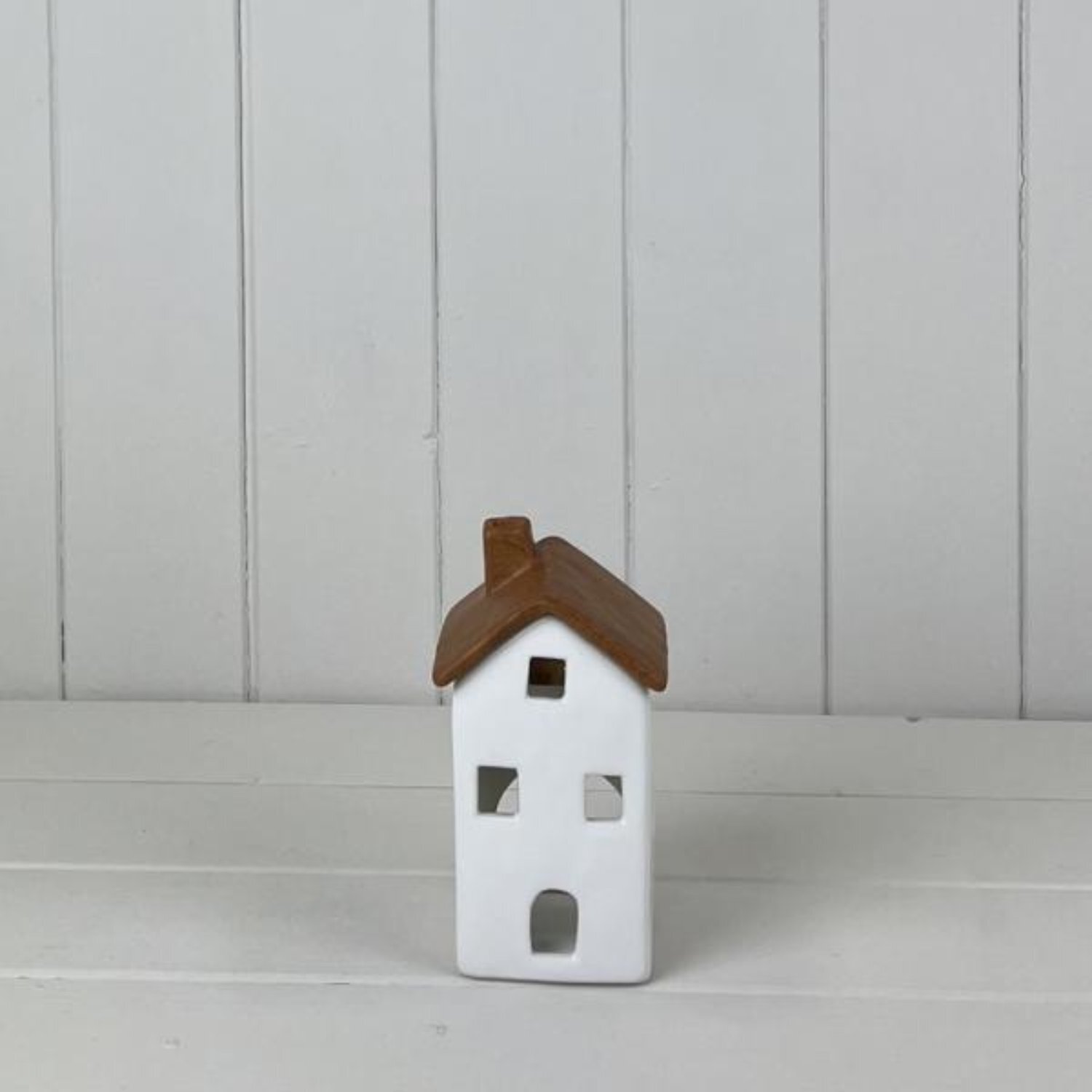 White/Wood Grain Effect Ceramic House Tealight Holder Accent - White