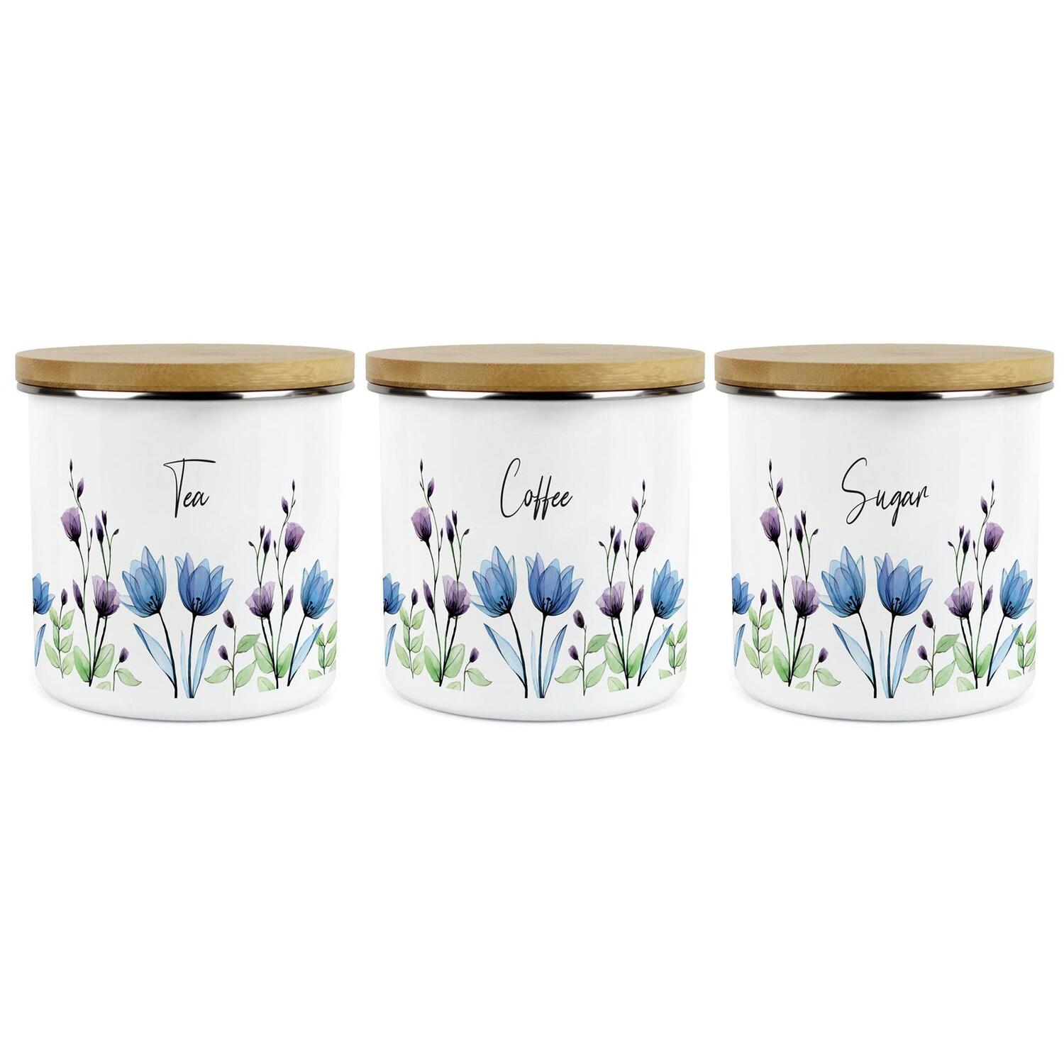 B&Q - Blooming Lovely Flowers TeaCoffee & Sugar Canisters Set Of 3Purple Floral Homewares Gifts1.2L Enamel Storage Containers - Image 3