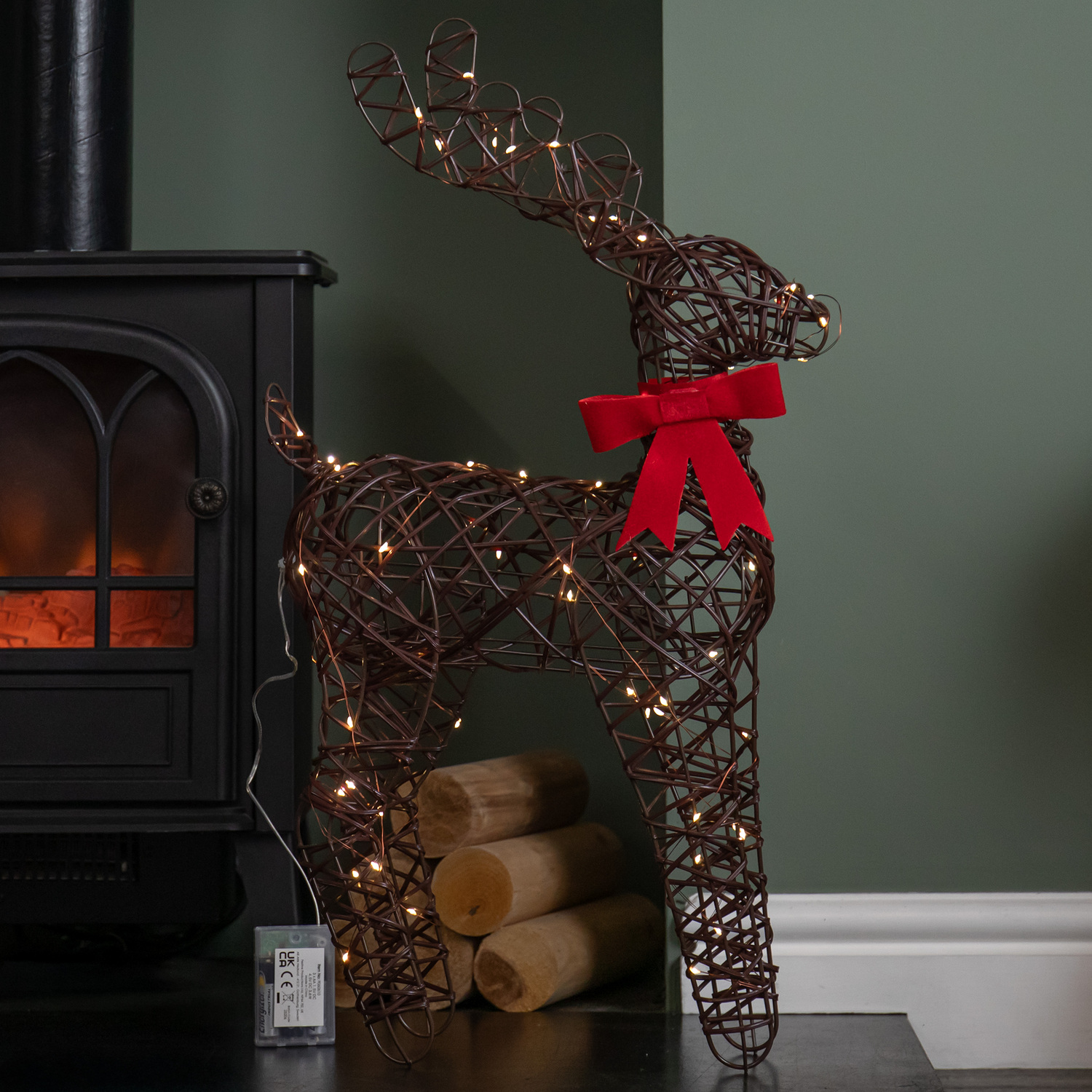 Warm Led Up Standing Reindeer With Bow Christmas Decoration 60Cm White/Light/Red Samuel Alexander - Image 4