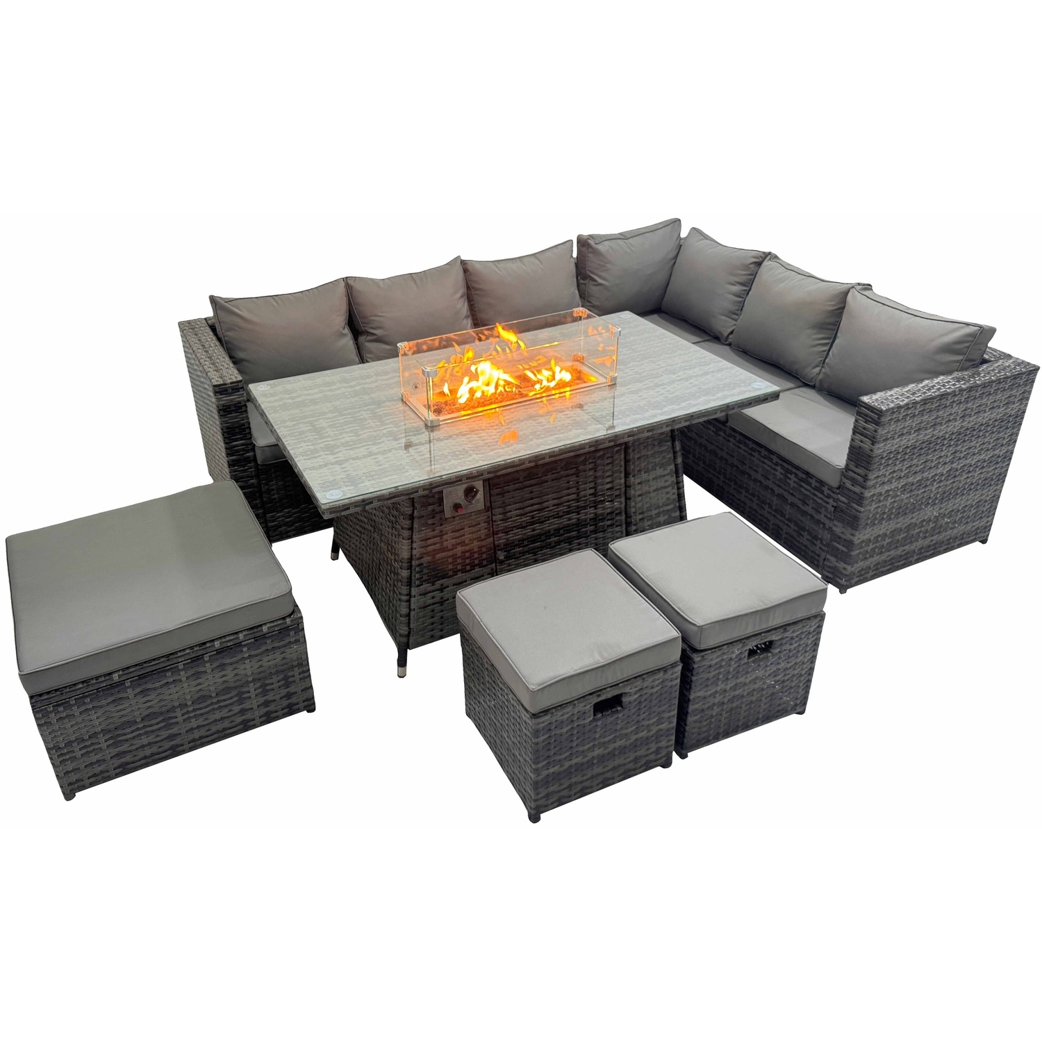 Fimous Unisex Dark Grey Rattan Corner Sofa Set Gas Firepit Dining Table Set Patio Heater Burner With Big Footstool Mixed Seater Size 9 - Image 2