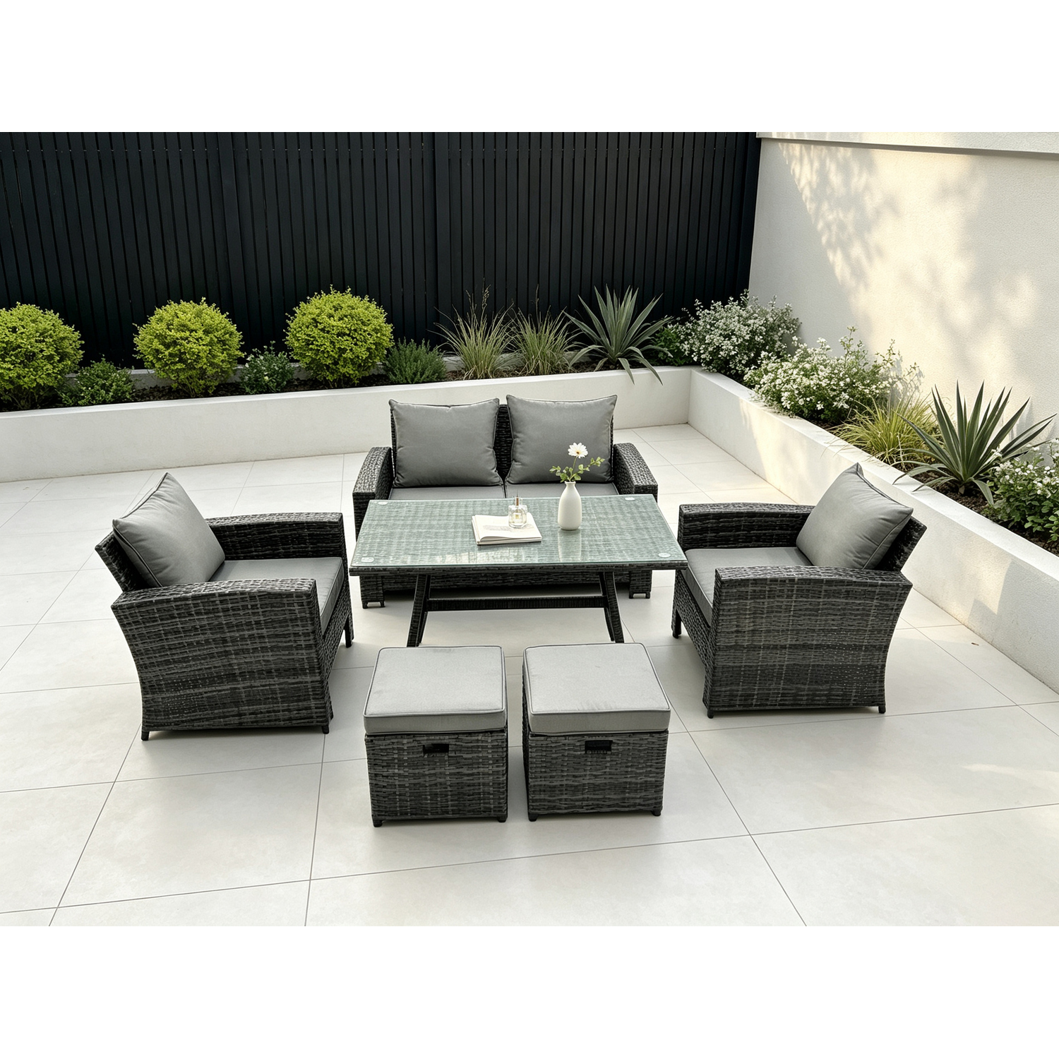 B&Q - 6 Seater Outdoor Dark Grey Mixed High Back Rattan Sofa Dining Table Set Garden Furniture 2 Stools - Image 2