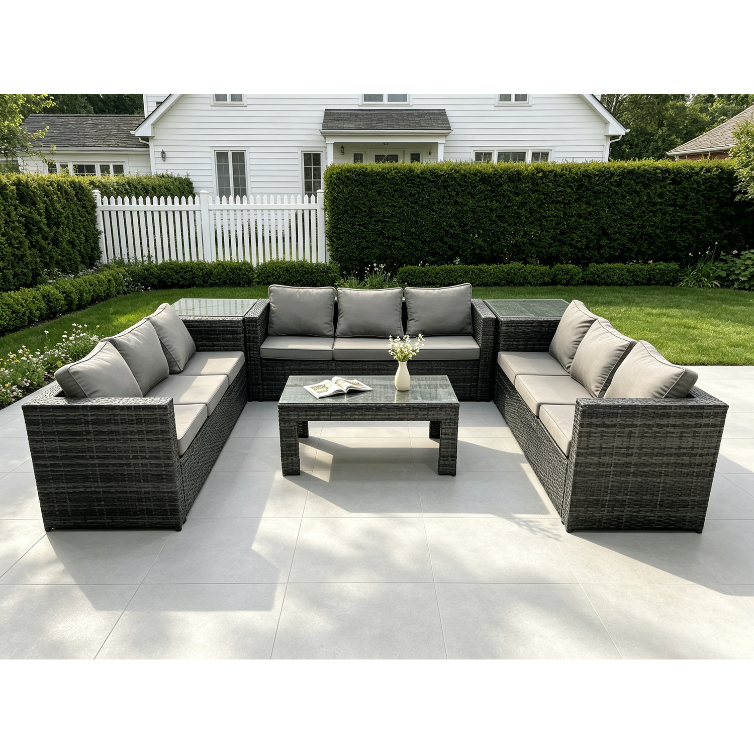 Fimous Dark/Grey Outdoor Rattan Garden Furniture Lounge Sofa Set With Oblong Rectagular Coffee Table And 2 Side Table - Image 2