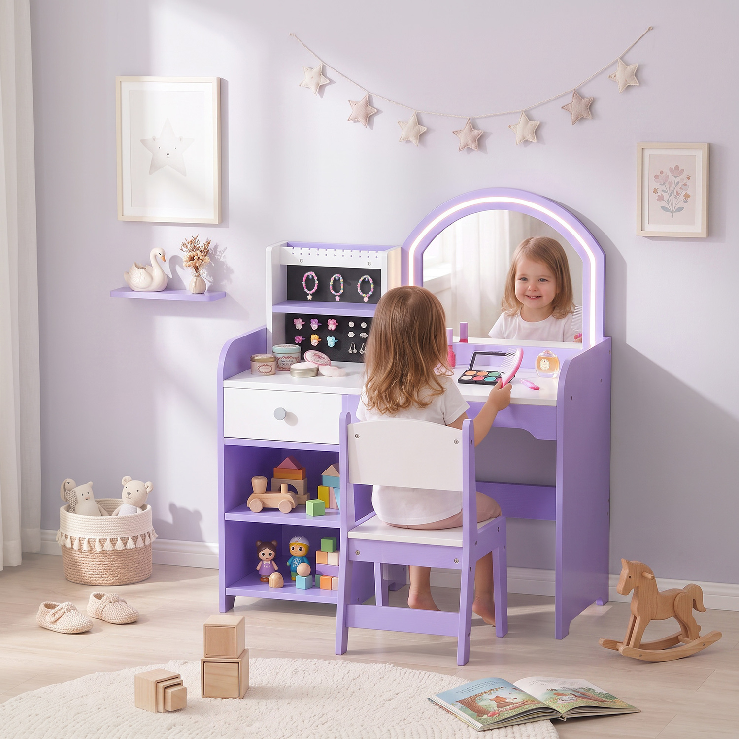 Aiyaplay Girls Purple Kids Vanity Set, Dressing Table With Stool, 2-Colour Lights Mirror, Pretend Dresser Gift For Ages 3-8, - Image 2