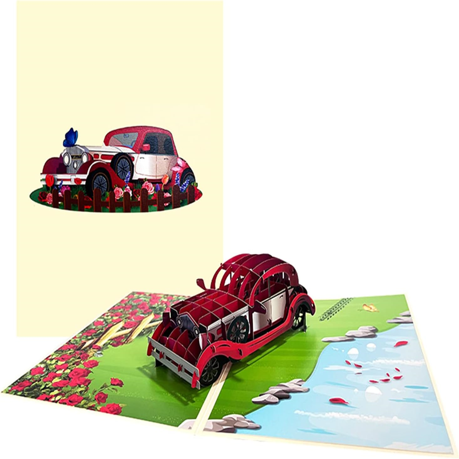 Brightfeel Vintage Red Car 3D Pop Up Greeting Card - White