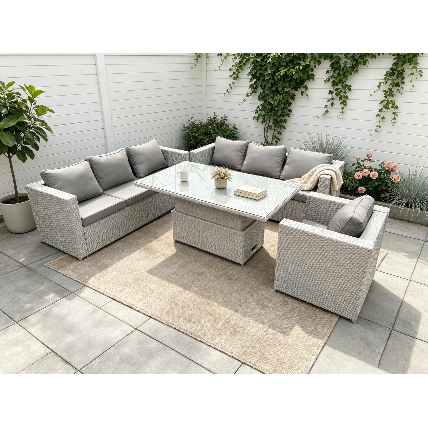 Rackhams Outdoor Pe Rattan Garden Funiture Set Height Adjustable Rising Lifting Table Sofa Dining Set With Armchair - Image 2