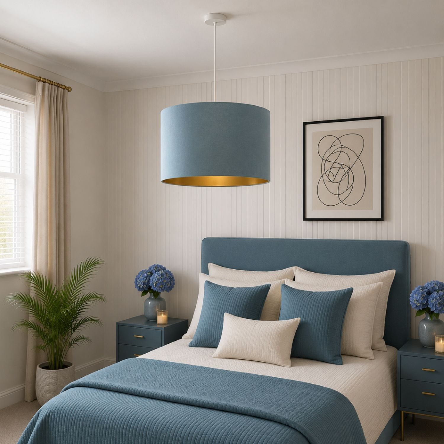 Cgc Lighting Cgc Nila Luxury Teal Velvet & Gold Inner Round Pendant Drum Lamp Shade - Teal - Image 2