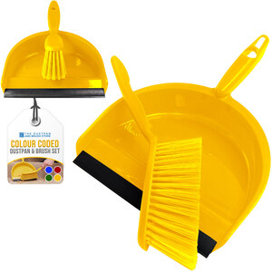 Colour Coded Dustpan and Brush Set Dustpan with Rubber Lip Soft Bristle Brush - Yellow