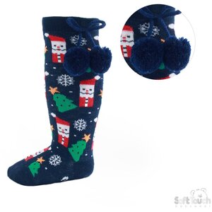 Knee - Pom - Pom Christmas Socks Navy w Christmas Print