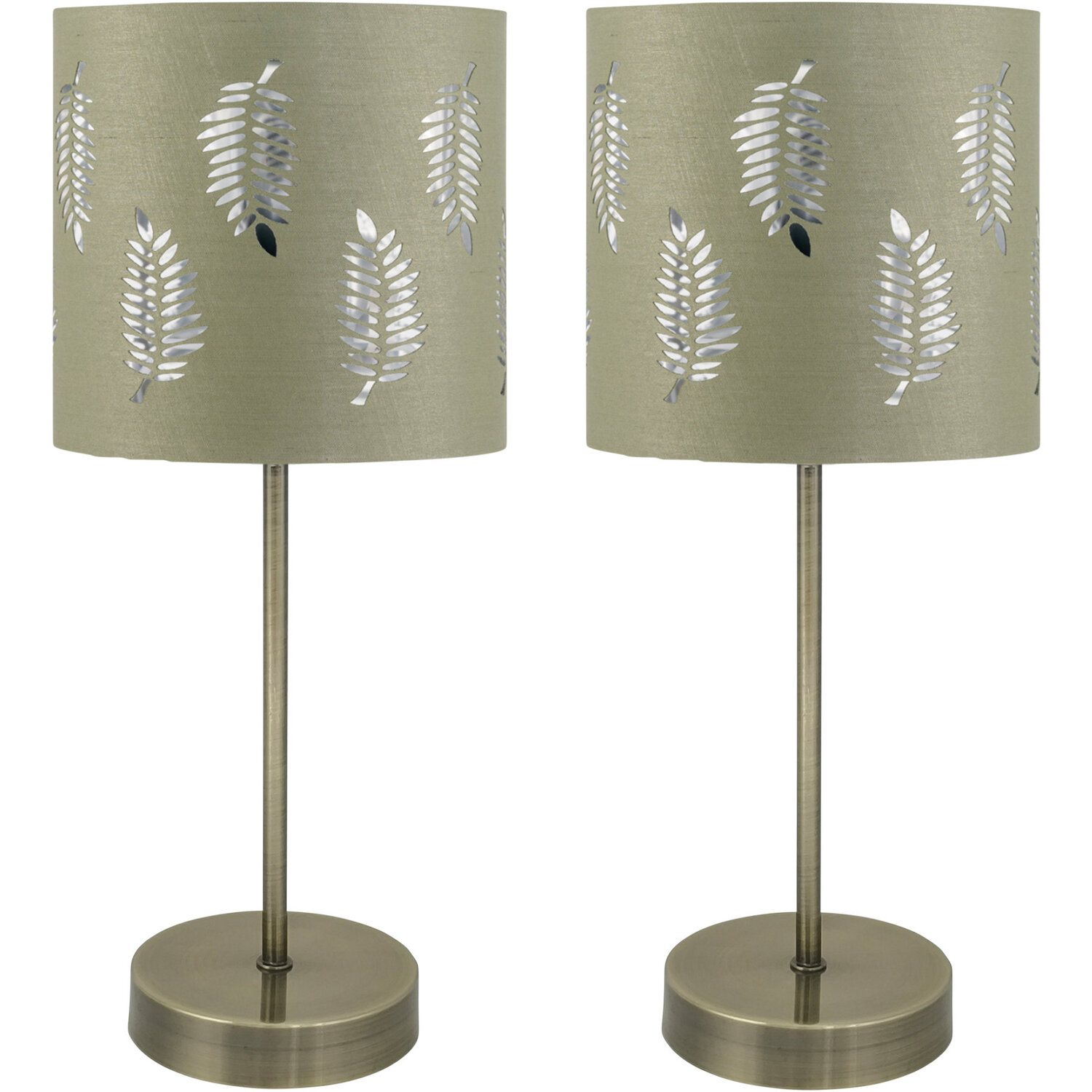 First Choice Lighting Set Of 2 Antique Brass Stick Table Lamps With Sage Green Fern Shades - Antique Brass & Sage Green