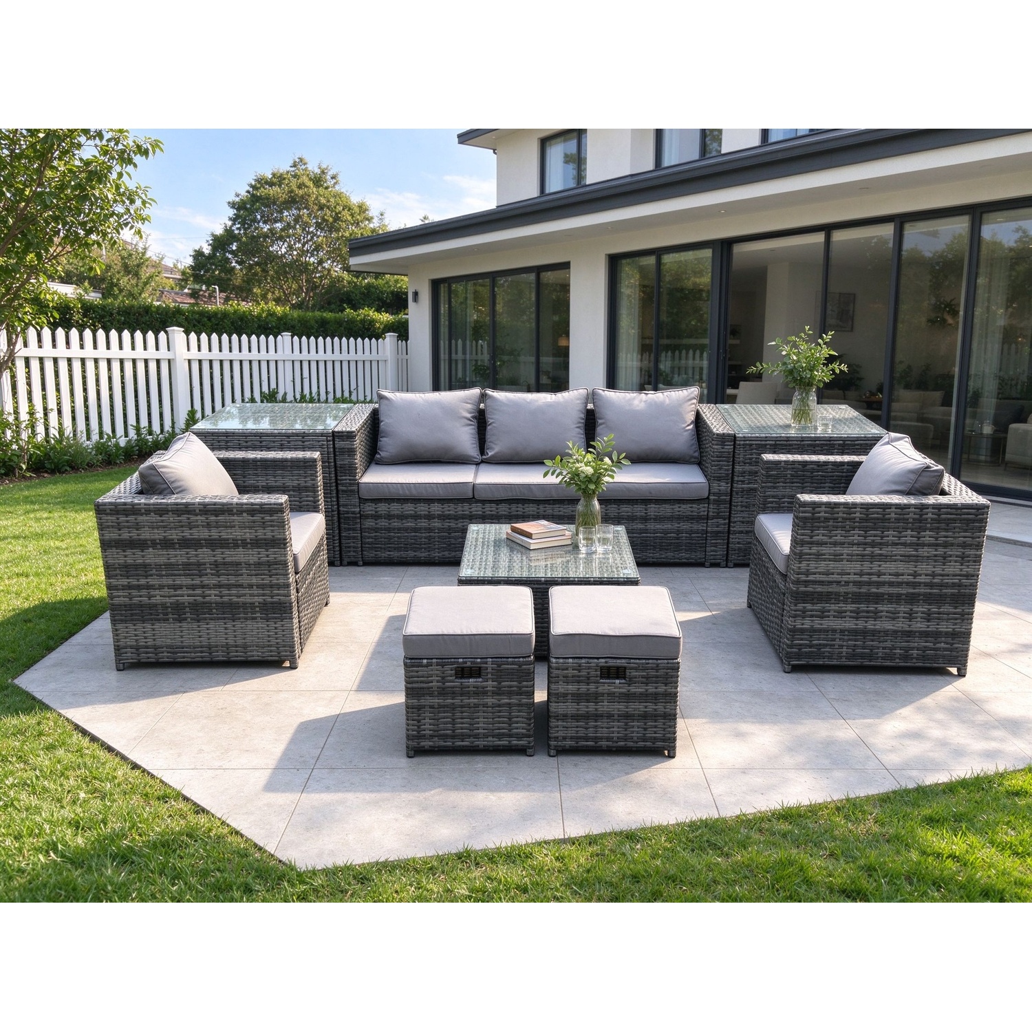Fimous Dark/Grey Wicker 8 Pieces Rattan Garden Furniture Sofa Set With Armchair 2 Side Tables Square Coffee Table 2 Small Footstools Mixed - Image 2