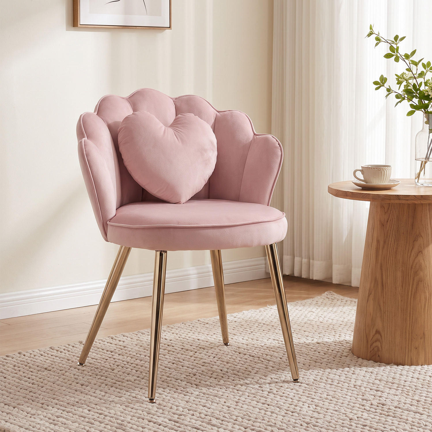 Homcom Pink Accent Chair Velvet Upholstered Armchair Lotus Back Heart Pillow Lumbar Pillow Metal Legs Soft - Image 4