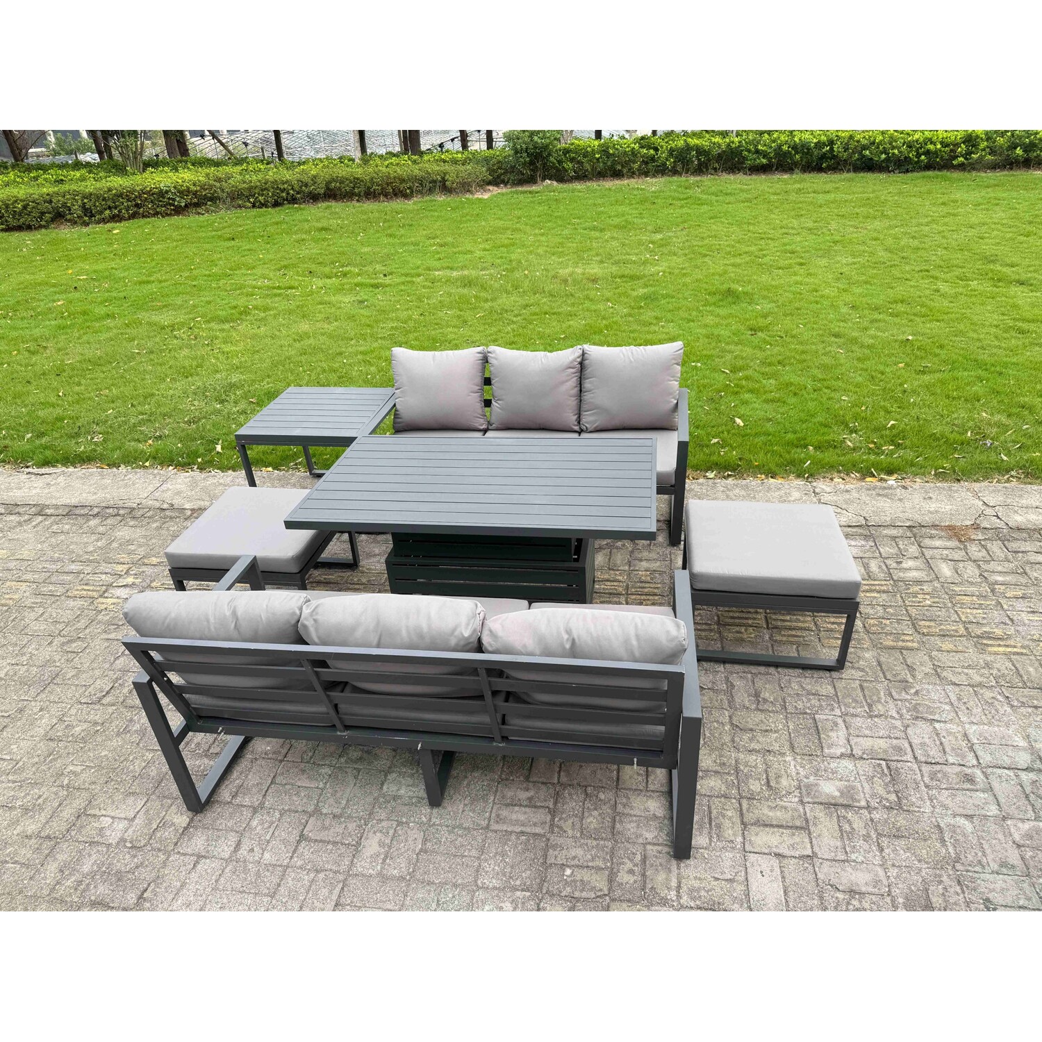 Rackhams Dark/Grey 8 Seater Aluminium Garden Furniture Set With Adjustable Rising Dining Table, 2 Sofas, Side Table, 2 Footstools - Image 3