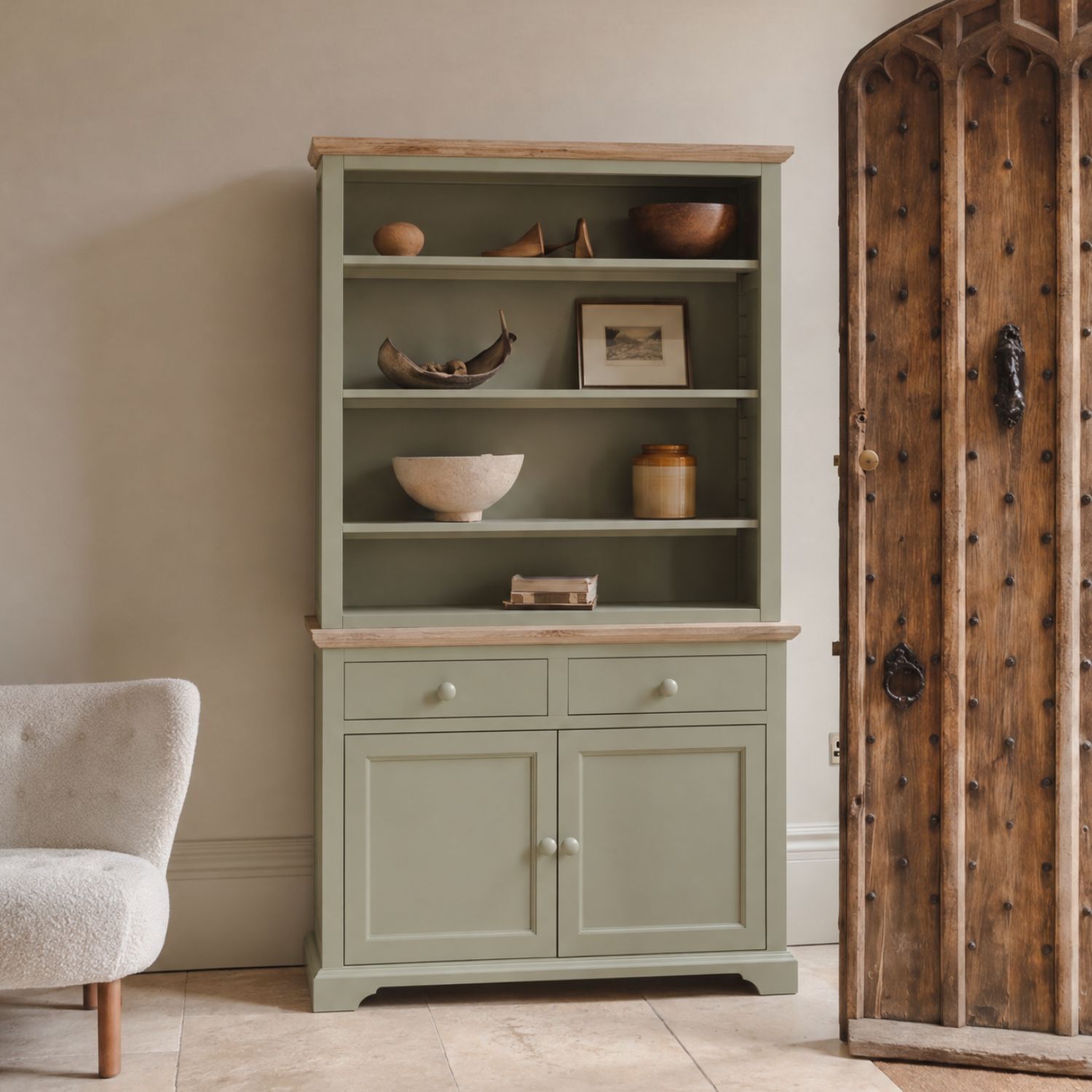B&Q -  Florence Sage Green Display Cabinet With Height Adjustable Shelves And Cupboard - Image 2