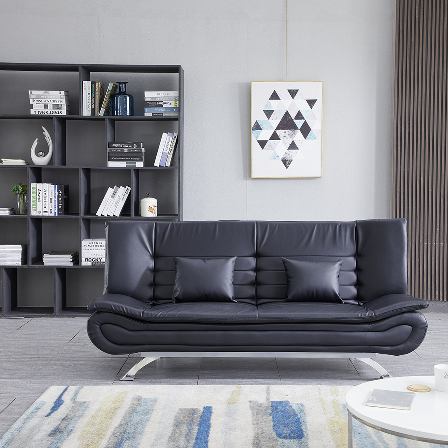 2-seat Convertible Leather Sofa Bed - Black