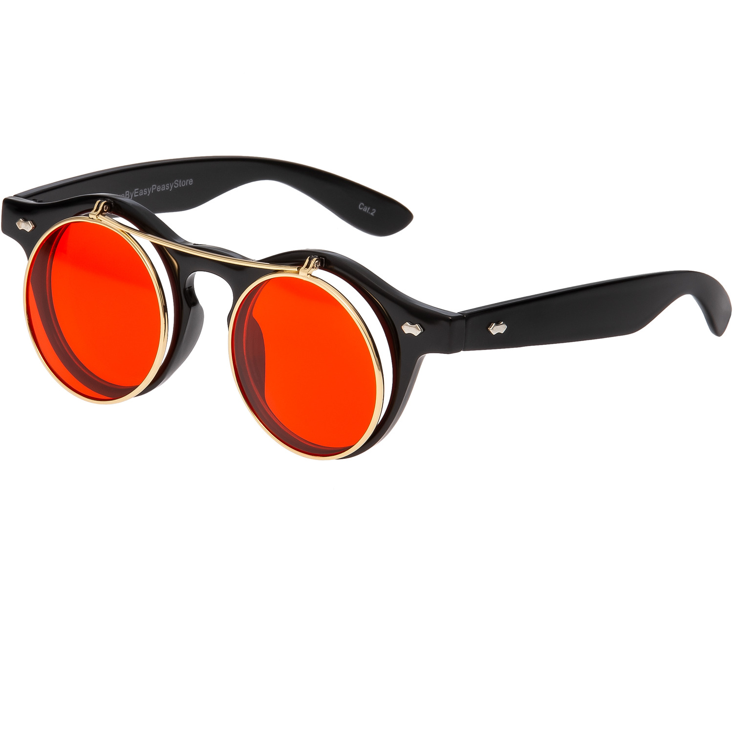 Steampunk Flip Up Sunglasses Round Glasses Retro UV400 - Black / Black Frame with Red Lenses
