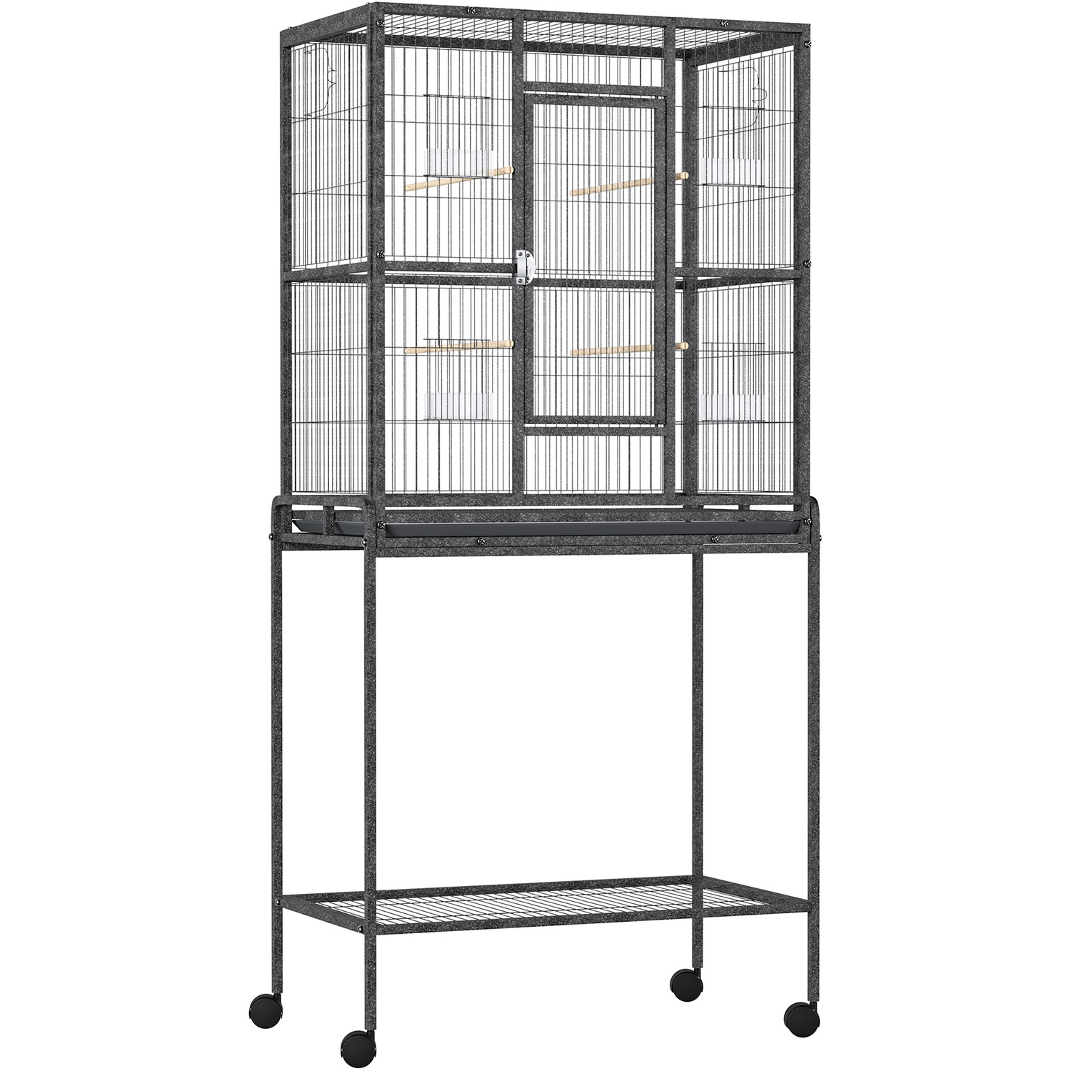 PawHut Bird Cage with Stand Storage Shelf Wood Perch for Parrot - Black and grey