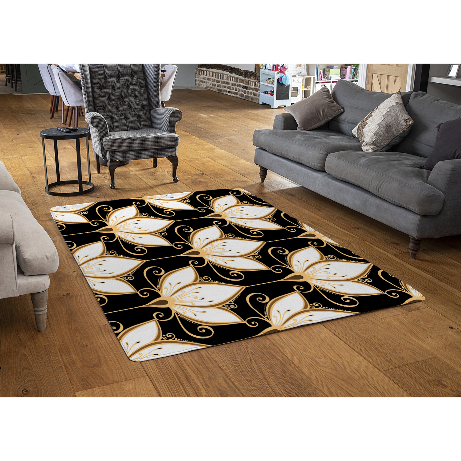 Black  Gold Floral Pattern Rug - Gold / 150cm thumbnail