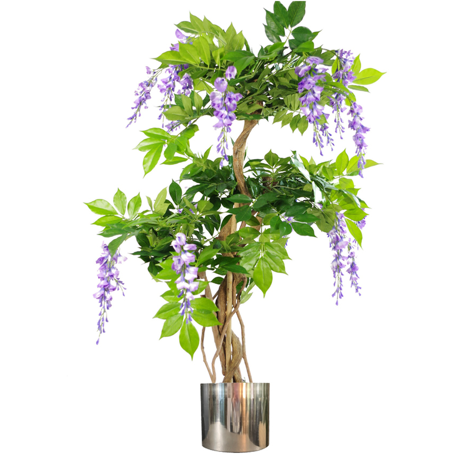 Artificial Purple Blossom Tree Silver Metal Planter - Green