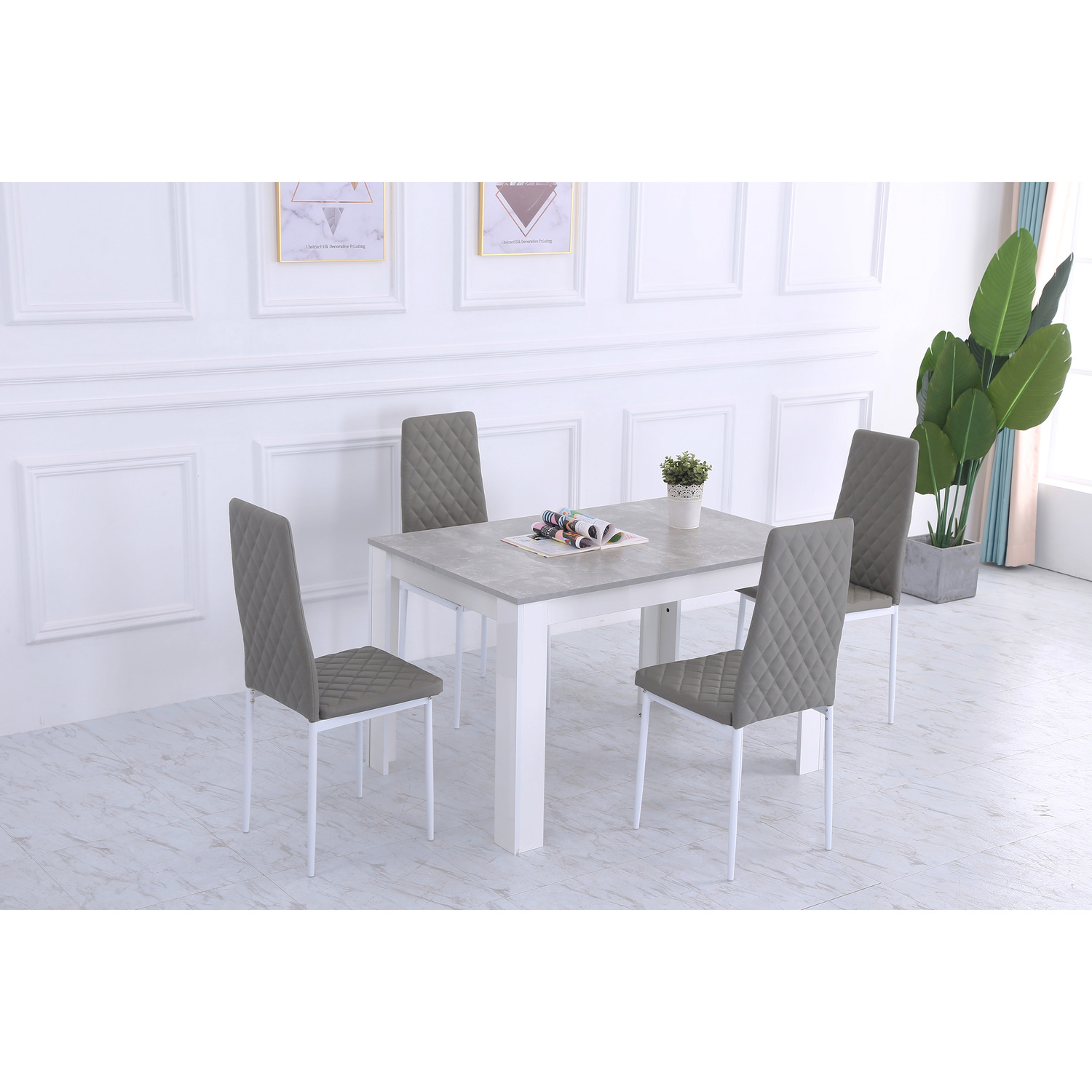 Wooden Modern Marble Effect Dining Table Sets - Silver