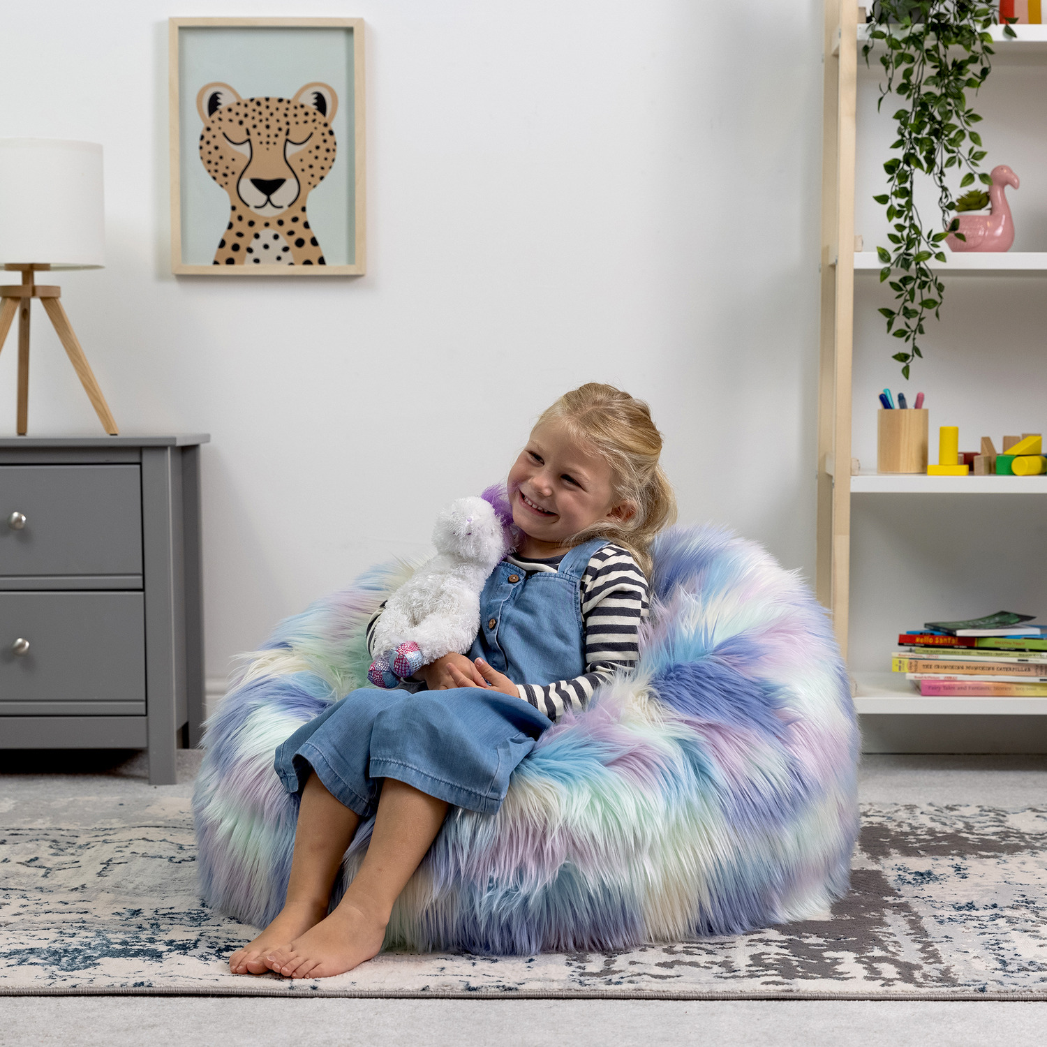 Icon Kids Faux Fur Bean Bag Chair, Fluffy Beanbag For Children, Filling Included - Unicorn
