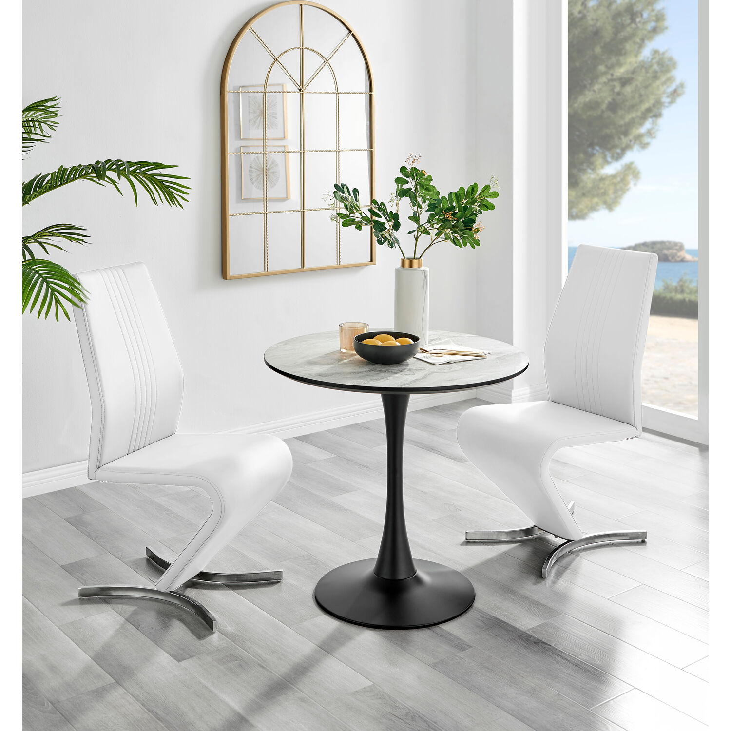 Furnitureboxuk Elina White Marble Effect Round Dining Table And 2 Willow Chairs - White