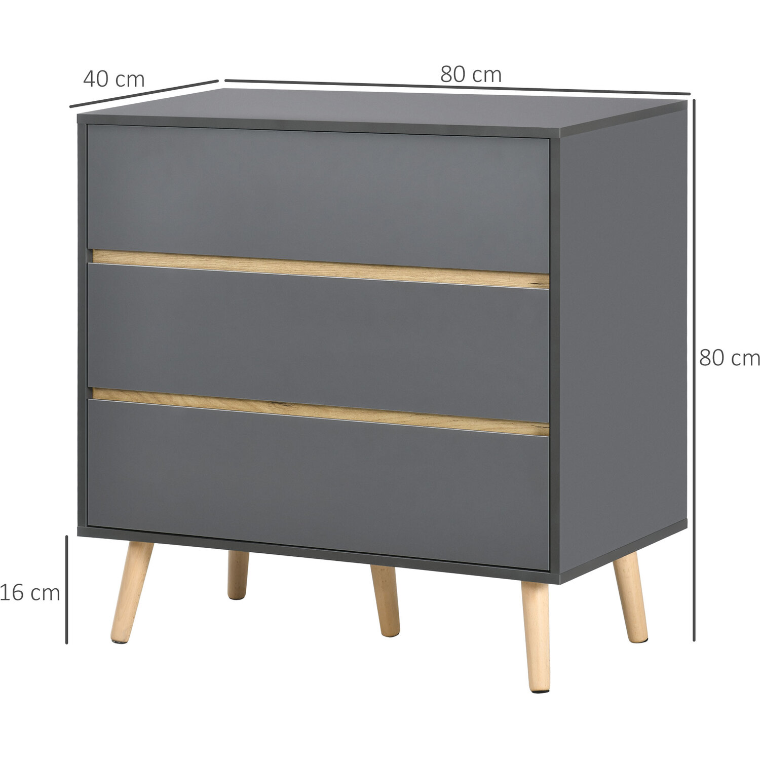 Homcom Chest Of Drawers 3 Drawer Storage Cabinet Organiser With Wood Legs - Dark Grey
