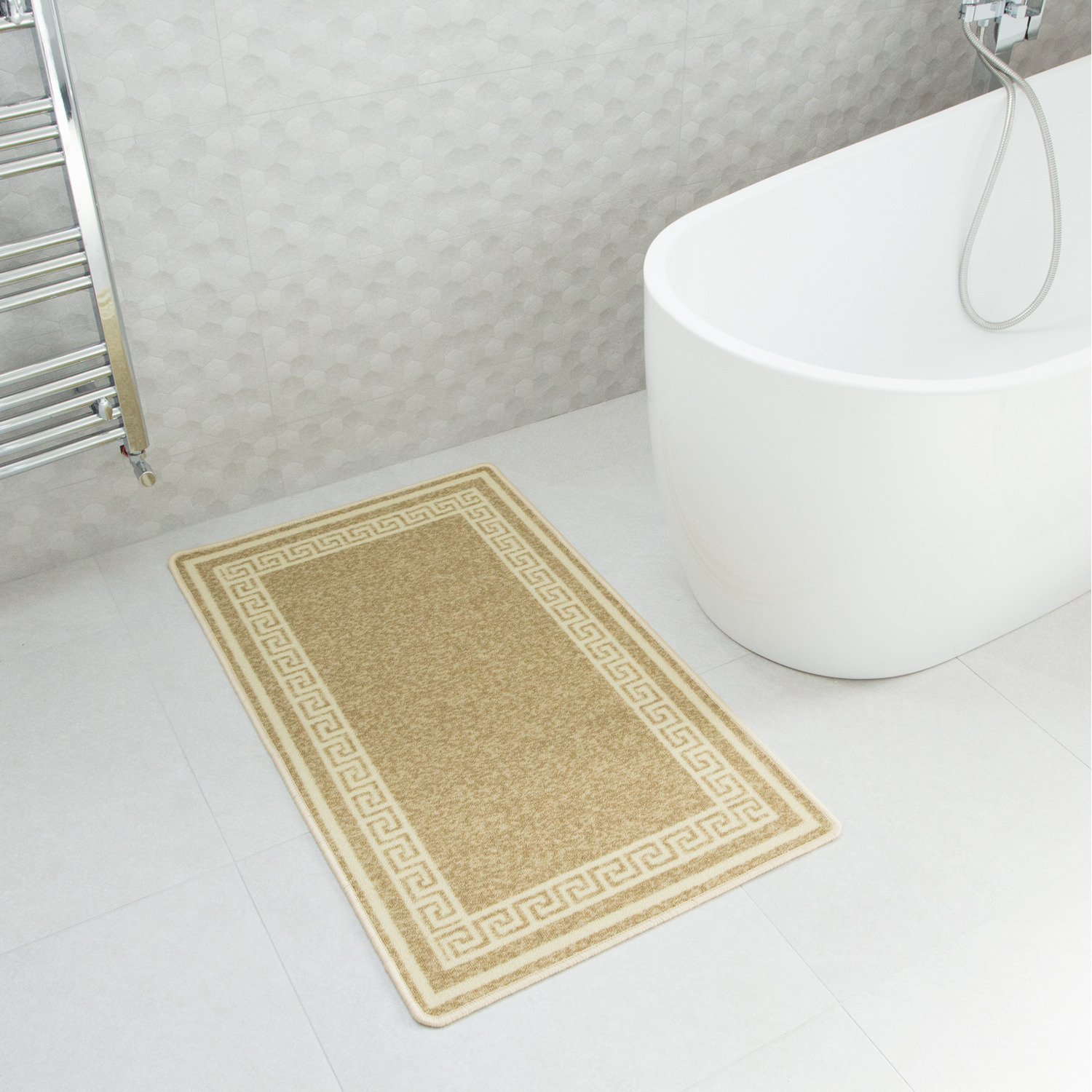 Mat Stack Neutral Neutral Beige Geometric Bordered Non Slip Washable Kitchen Utility Mat