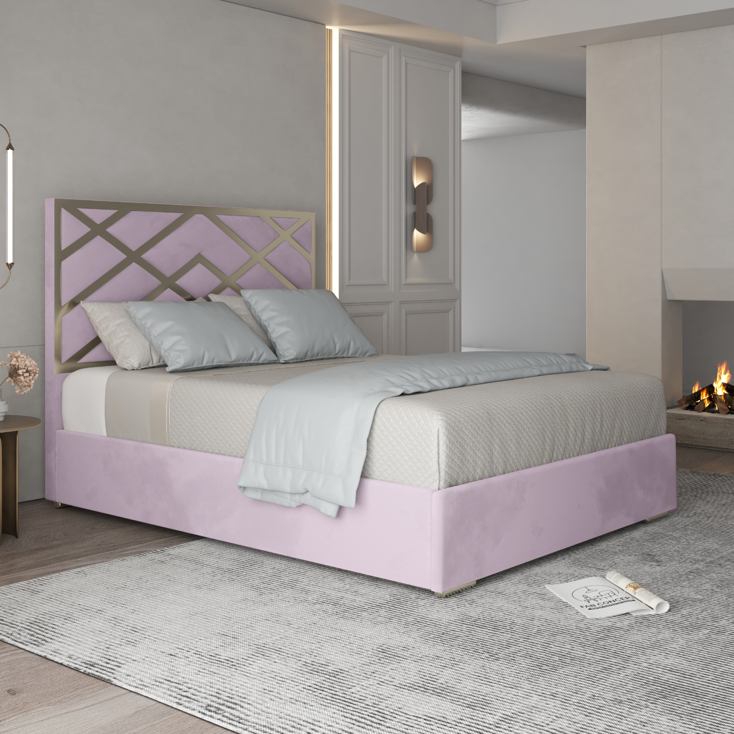 Mayfair Upholstered Soft Velvet Metal Bed Frame - Pink Double