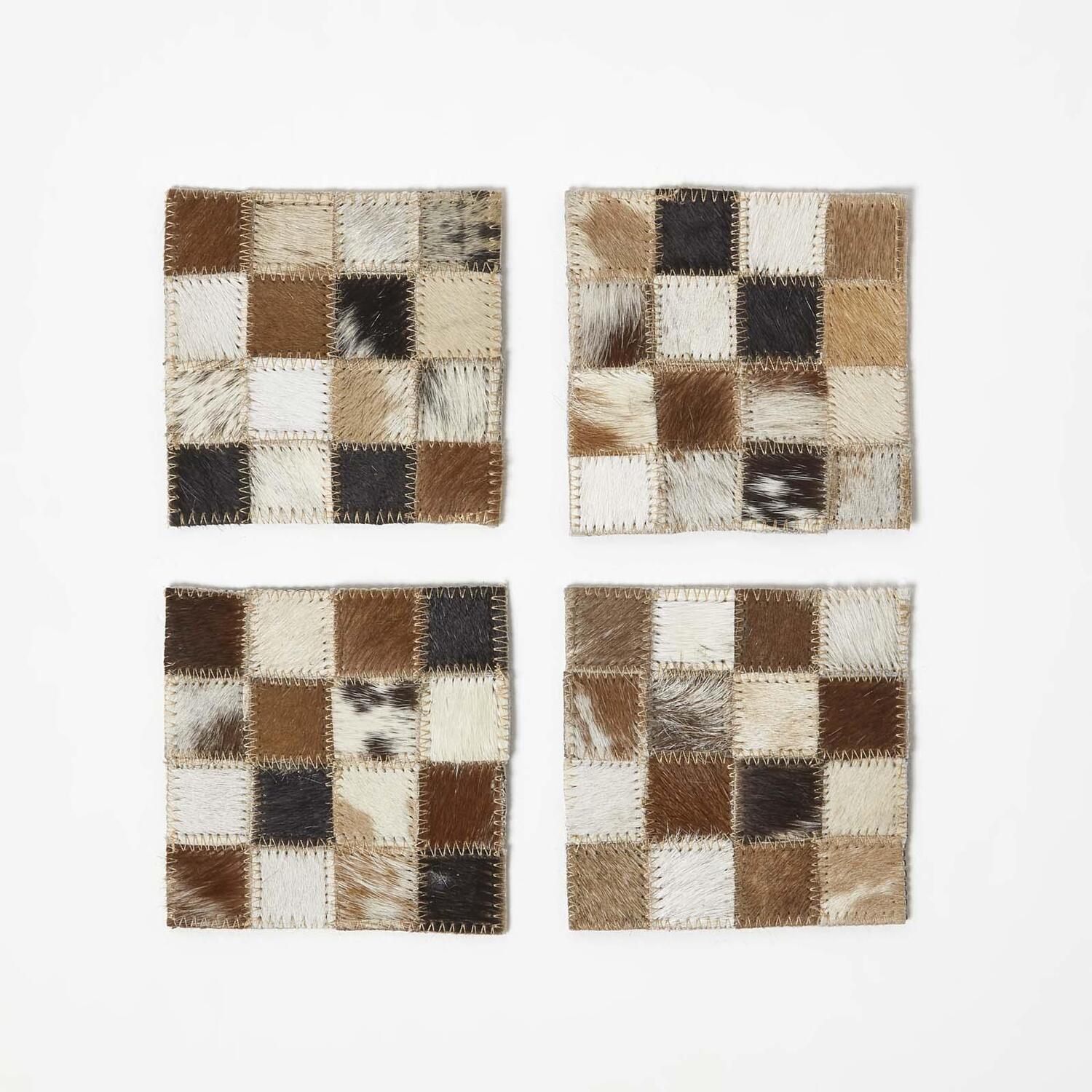 Image of Block Check Brown Leather Coasters Set&hellip;