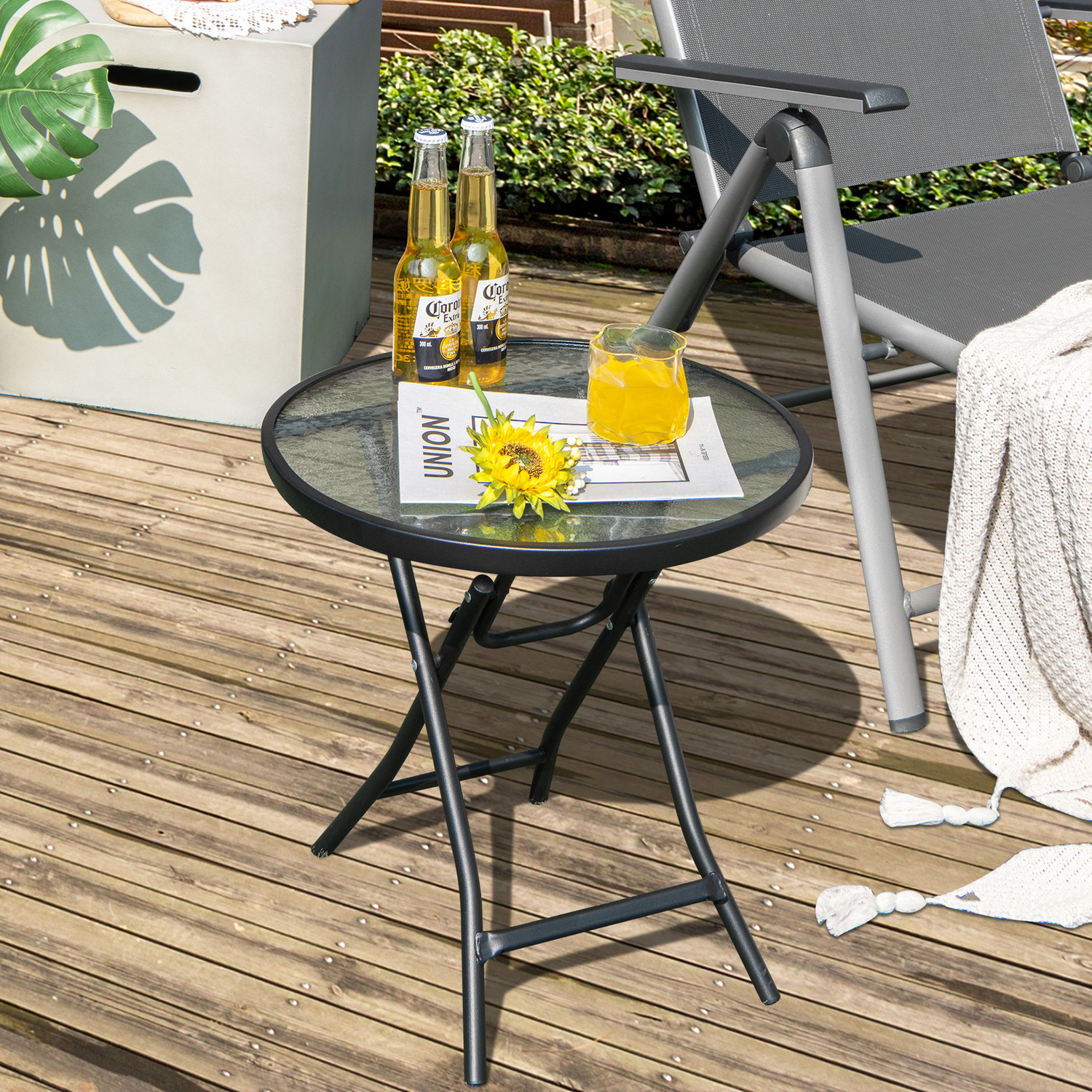Portable Round Coffee Table Glass Side Table - Black